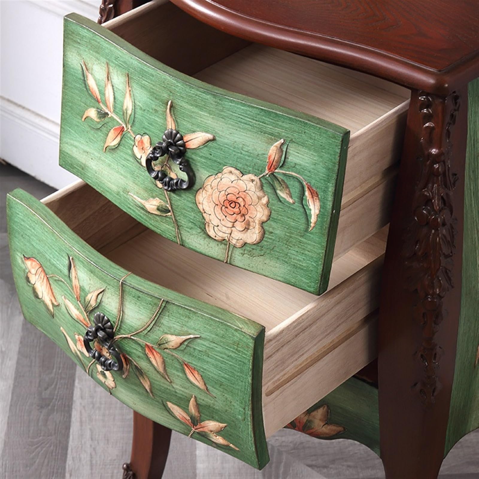 tavolino portaoggetti Comodino in legno dipinto, mobiletto laterale piccolo stile country, ad angolo, con cornice floreale