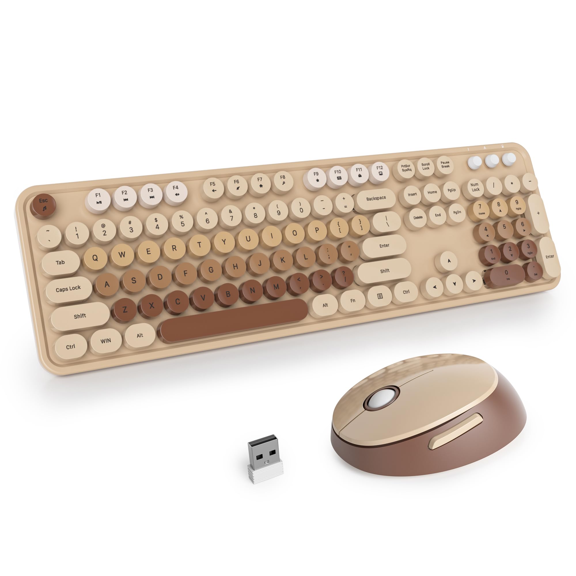 SOLIDEE kabellose Tastatur- und Maus-Kombination,Retro-Schreibmaschinen-Tastatur,2.4GHz runde Tastenkappe Tastatur mit Ziffernblock,104 Tasten ergonomische(Amerikanisch QWERTY)(Mixed Coffee)
