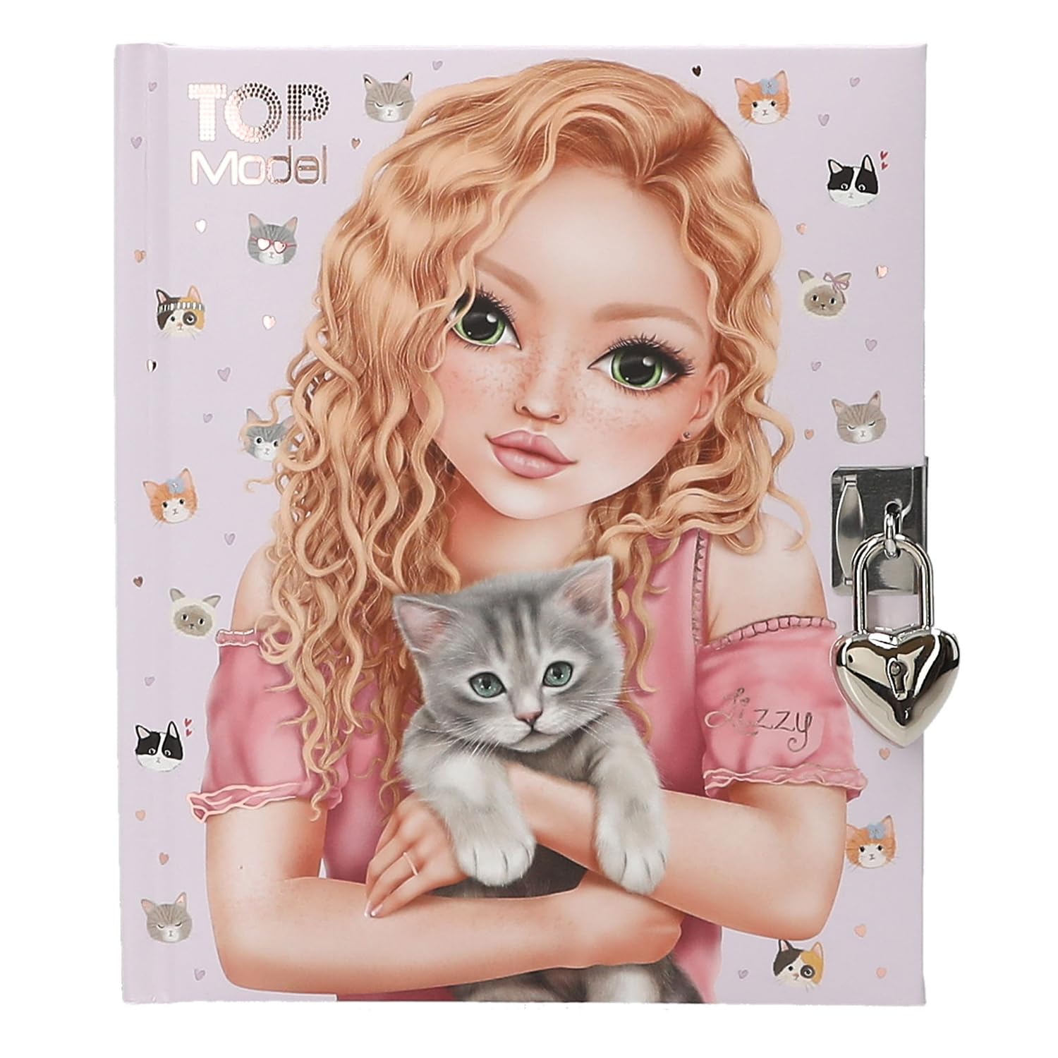 Depesche 13569 TOPModel Kitty and Doggy - Journal Intime avec Cadenas en Forme de cœur et clé, Livre en Violet, avec Motif de modèle, Dessins de Chats et 192 Pages lignées