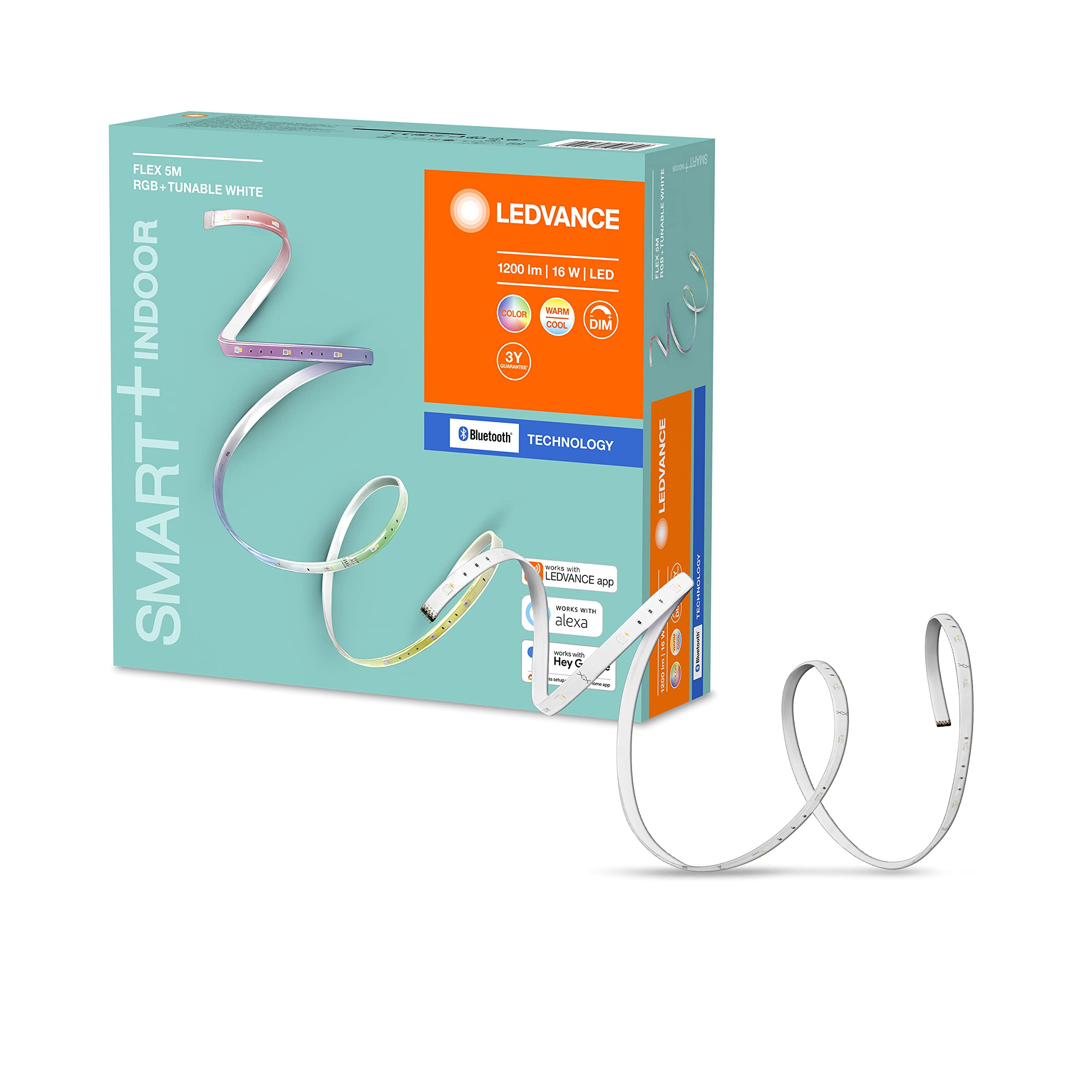 Ledvance Striscia Led Smart+, Tecnologia Bluetooth Per Uso Interno, Lunga 5 Metri, Colore della Luce Modificabile, 2000-6500 K, Colori Rgb Modificabili, Controllabile con Google e Alexa