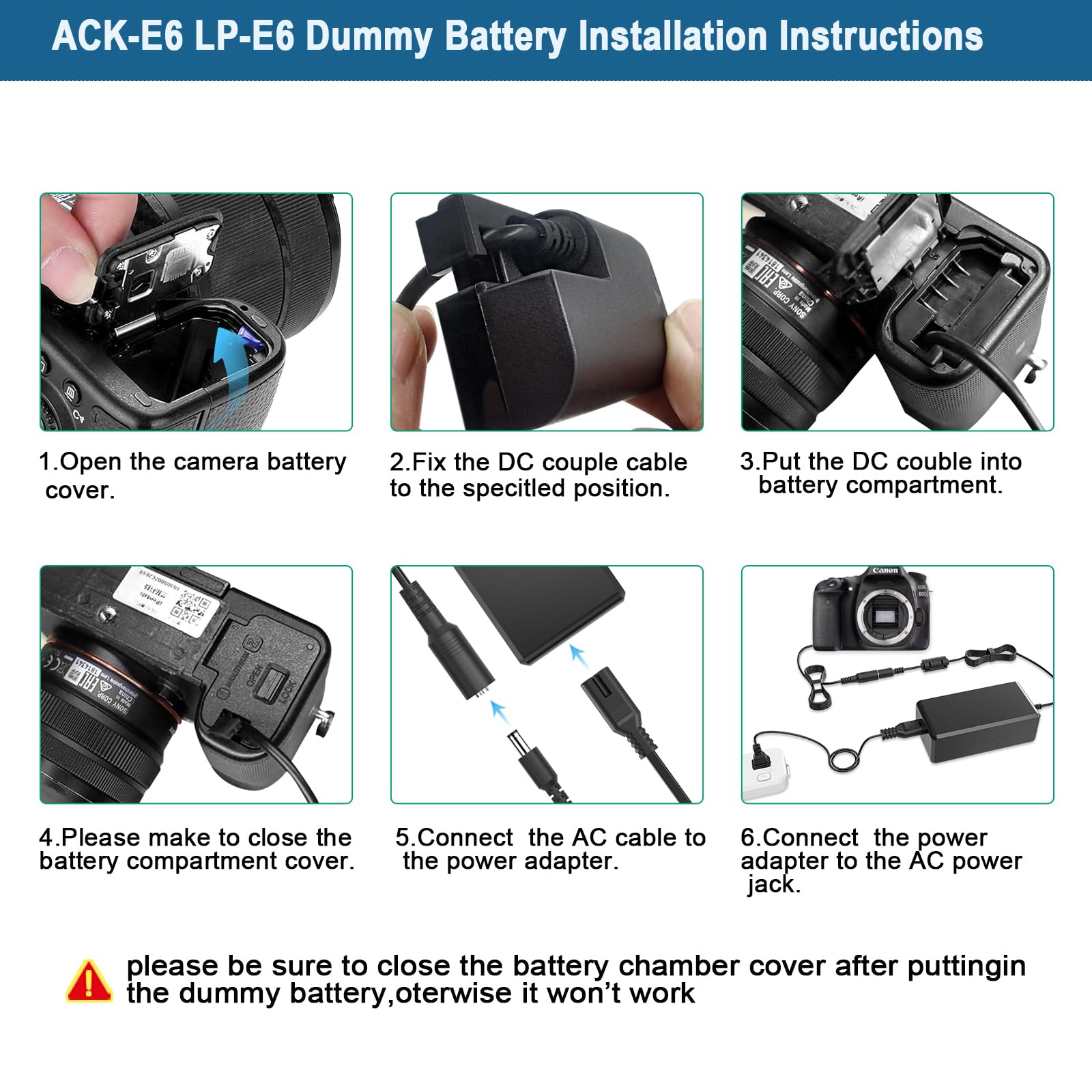 ACK-E6 Adaptateur Secteur, LP-E6/LP-E6N Batterie factice, DR-E6 Coupleur CC kit, pour Canon EOS R, R5, R6, 90D, 80D, 6D Mark II, 7D Mark II, 5D Mark III/IV - Cordon UE.