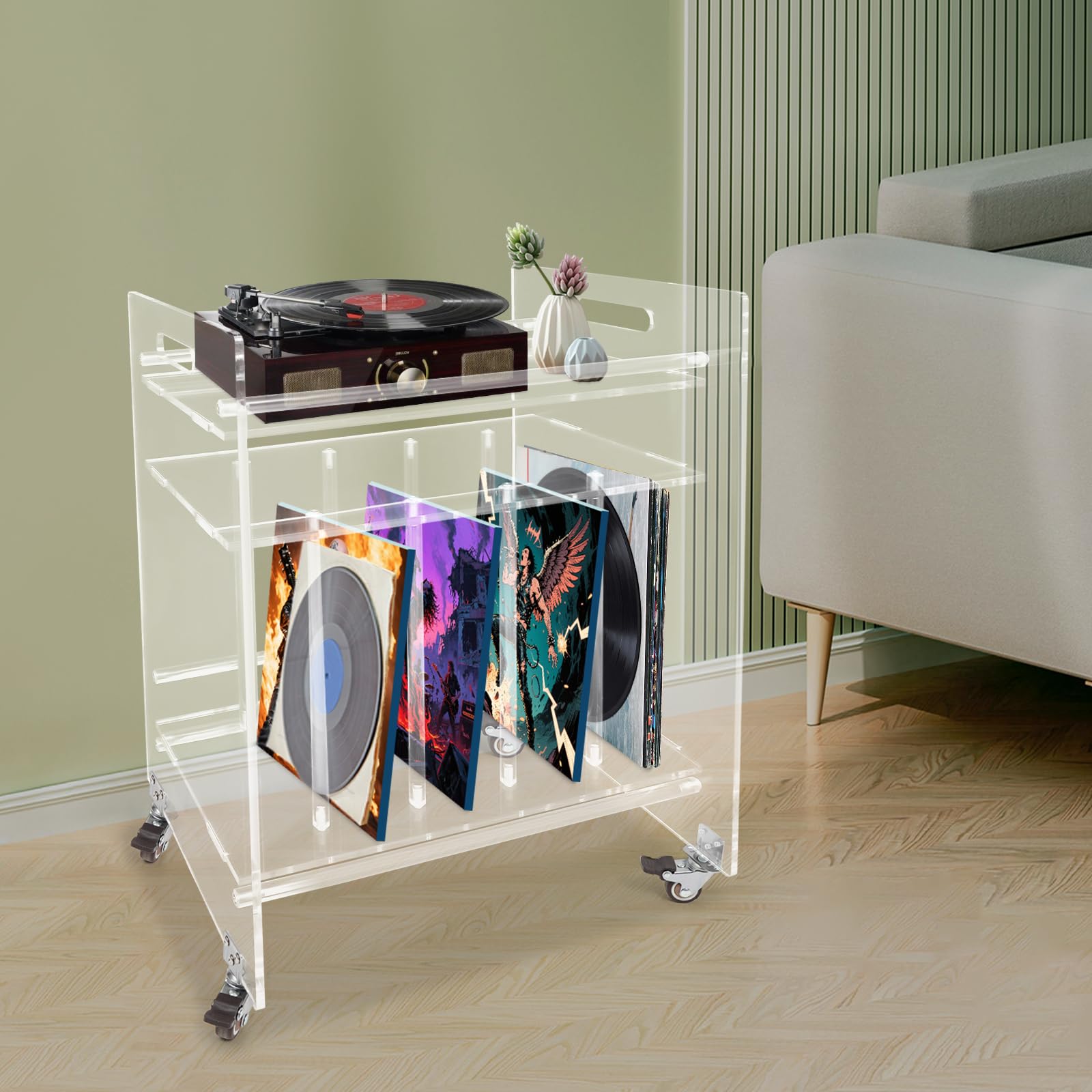 Mesa auxiliar de acrílico con ruedas, soporte para discos de vinilo y tocadiscos, soporte moderno para salón, 3 niveles, mesa de almacenamiento para CD, libros, transparente, 48 x 35 x 63 cm, 20 kg