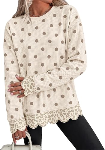 Polka Dot Crew Neck Sweatshirts Women Long Sleeve Scallop Sw