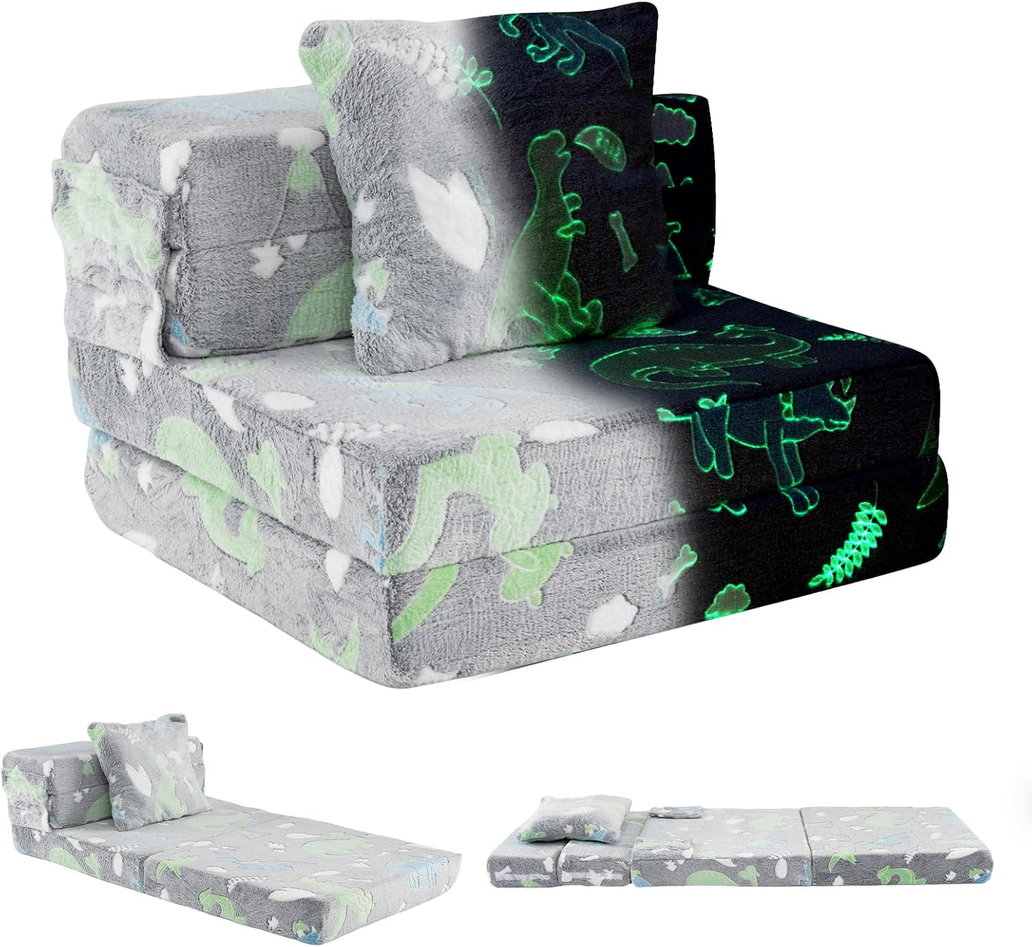 COSTWAY Sofa dziecięca 3 w 1, świecąca w ciemności, krzesełko dla dzieci, rozkładana z poduszką i zdejmowanym pokrowcem, sofa do spania, sofa do zabawy, do pokoju dziecięcego (szara)