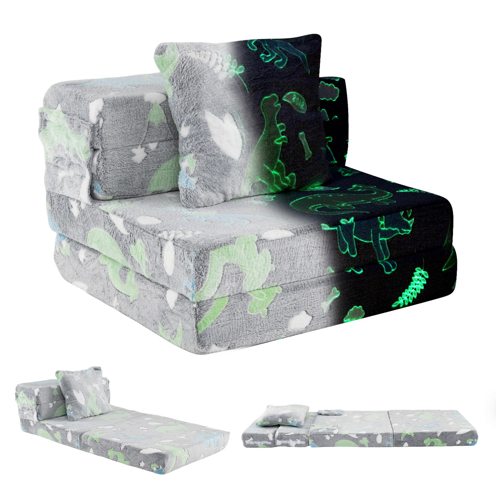 COSTWAY 3 in 1 Kindersofa im Dunkeln Leuchtend, Kindersessel ausklappbar mit Kissen & abnehmbarem Bezug, Kindercouch gepolstert mit Schlaffunktion, Spielsofa umwandelbar für Kinderzimmer (Grau)