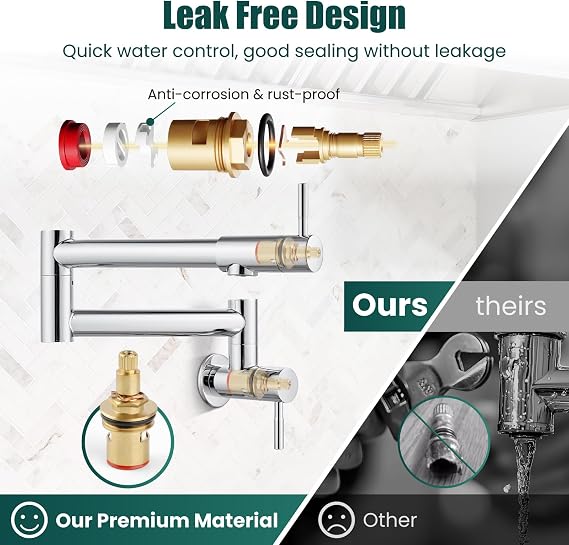 Heyalan Kitchen Restaurant Faucet Polished Chrome 19 Inch Wall Mounted Folding Stretchable Double Joint Swing Arm Single Hole Two Handles Commercial NPT Stainless Steel Pot Filler