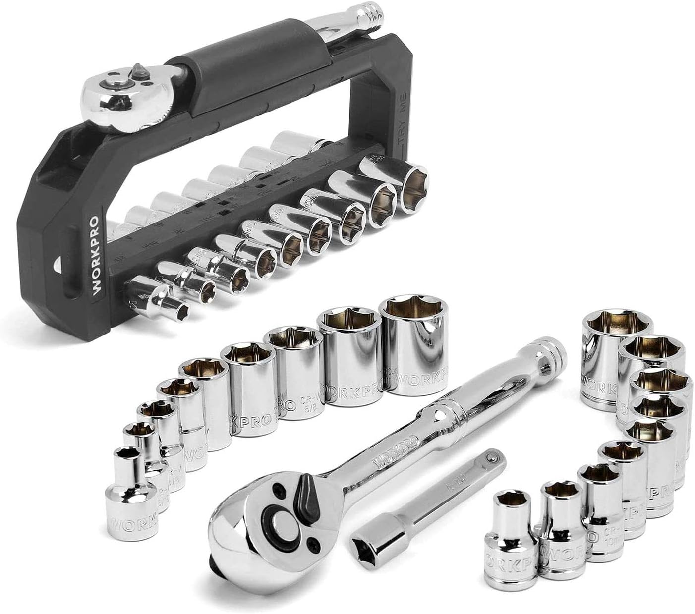 WORKPRO 20 Pieces 3/8" Drive Socket Set, with 72-Tooth Pear Head Ratchet Wrench and Patented 360° Rotating Carrying Rack