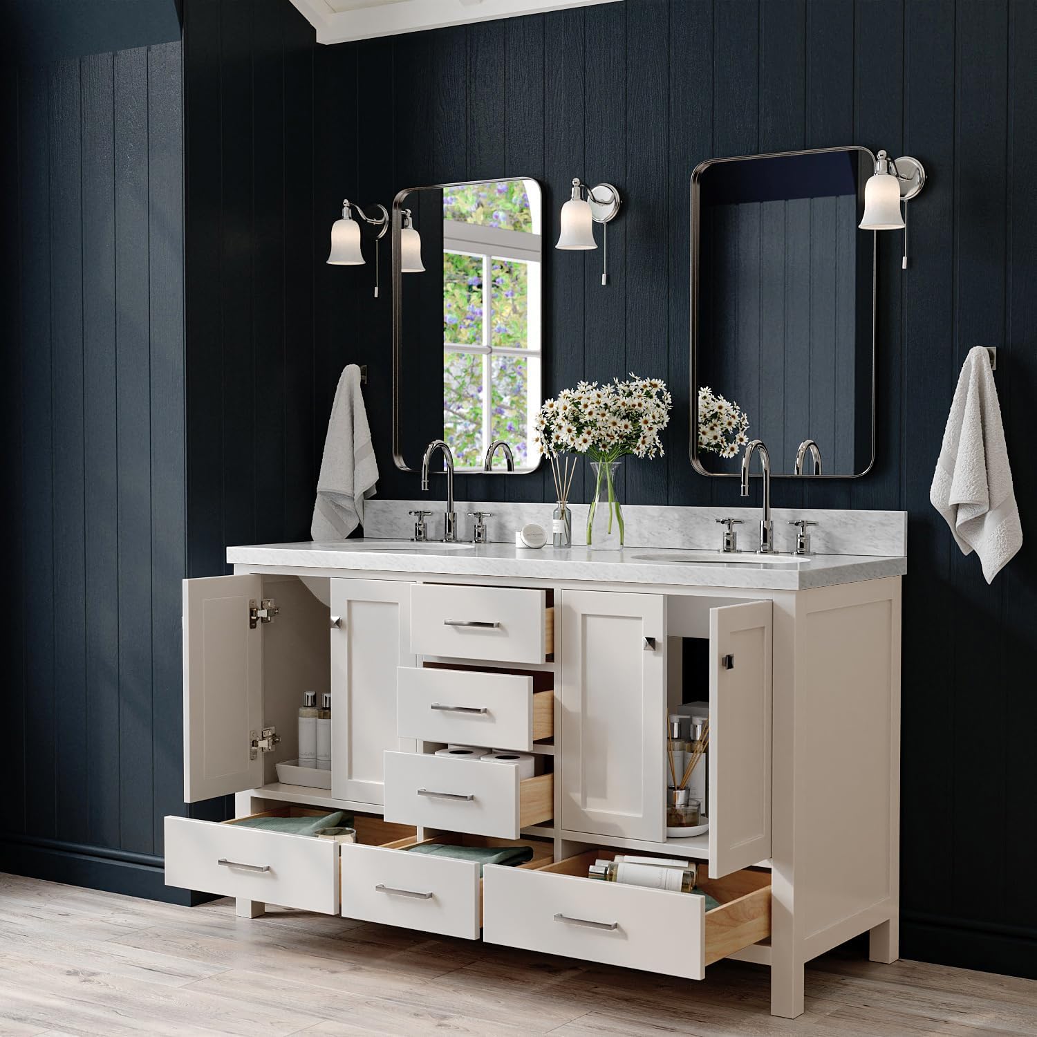 ARIEL Cambridge 60-inch Bathroom Vanity with Sink,Solid Wood, 1.5-inch Italian Carrara Marble Countertop & Backsplash, Double Oval Porcelain Sink, 4 Soft Closing Doors, 6 Dovetail Drawers, Grey