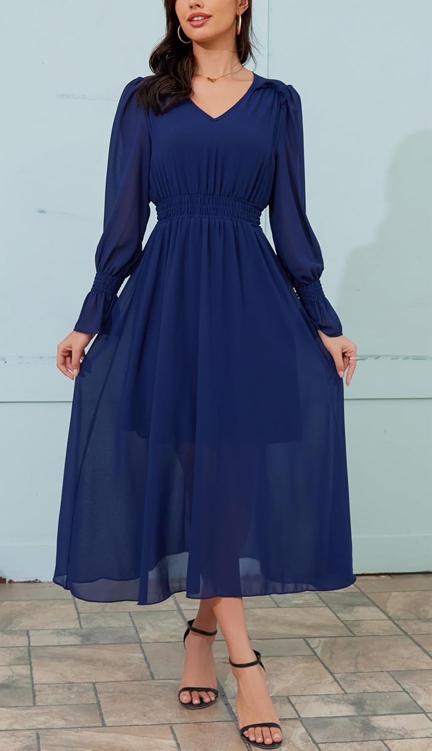 Kormei Women's Fall Maxi Dress Long Sleeve V Neck A Line Flowy Wedding Guest Cocktail Party Dresses - Image 2