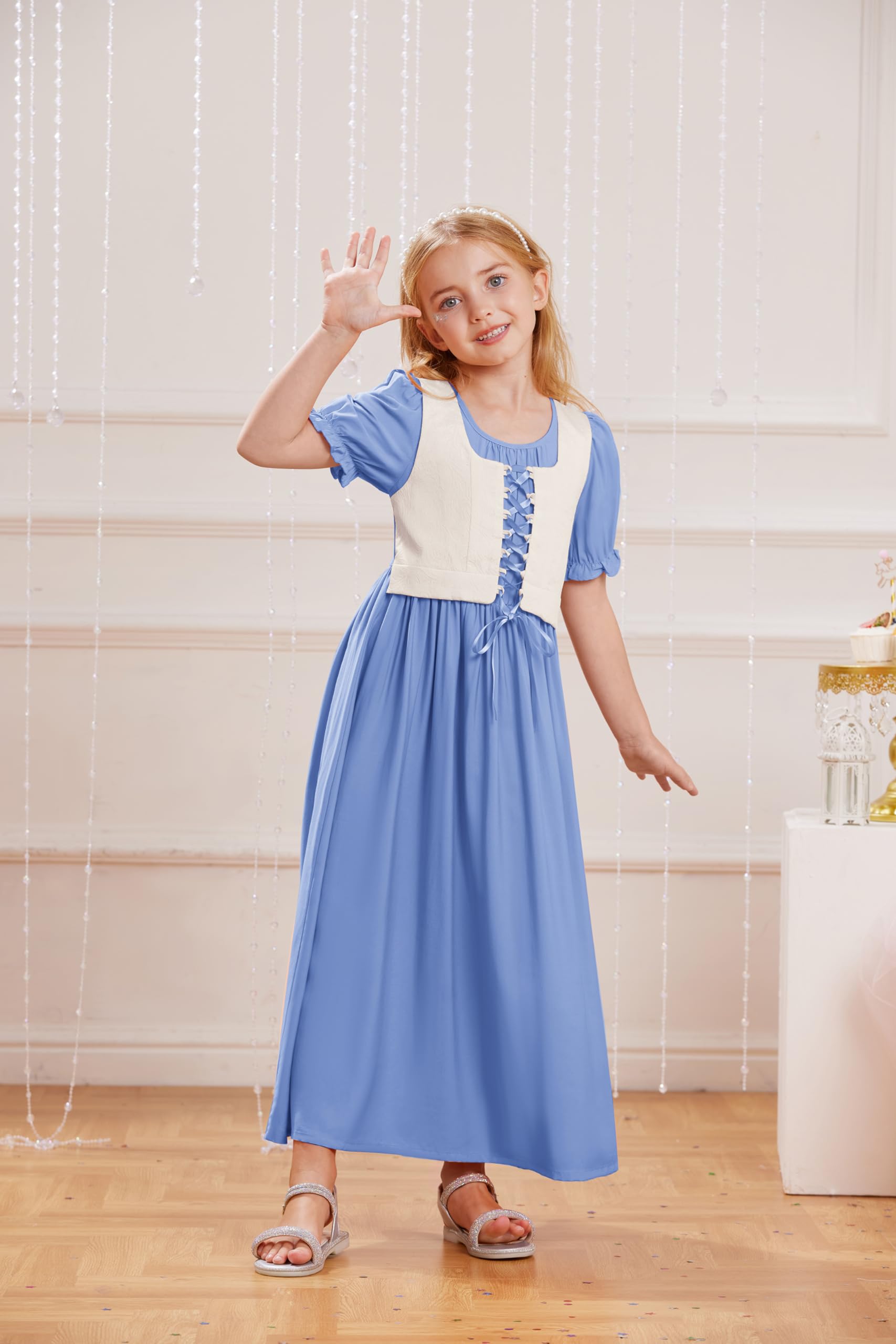 Scarlet Darkness Renaissance-Kleid für Mädchen, kurze Puffärmel, lange Kleider, Blumenmädchenkleid, Größe 7–14