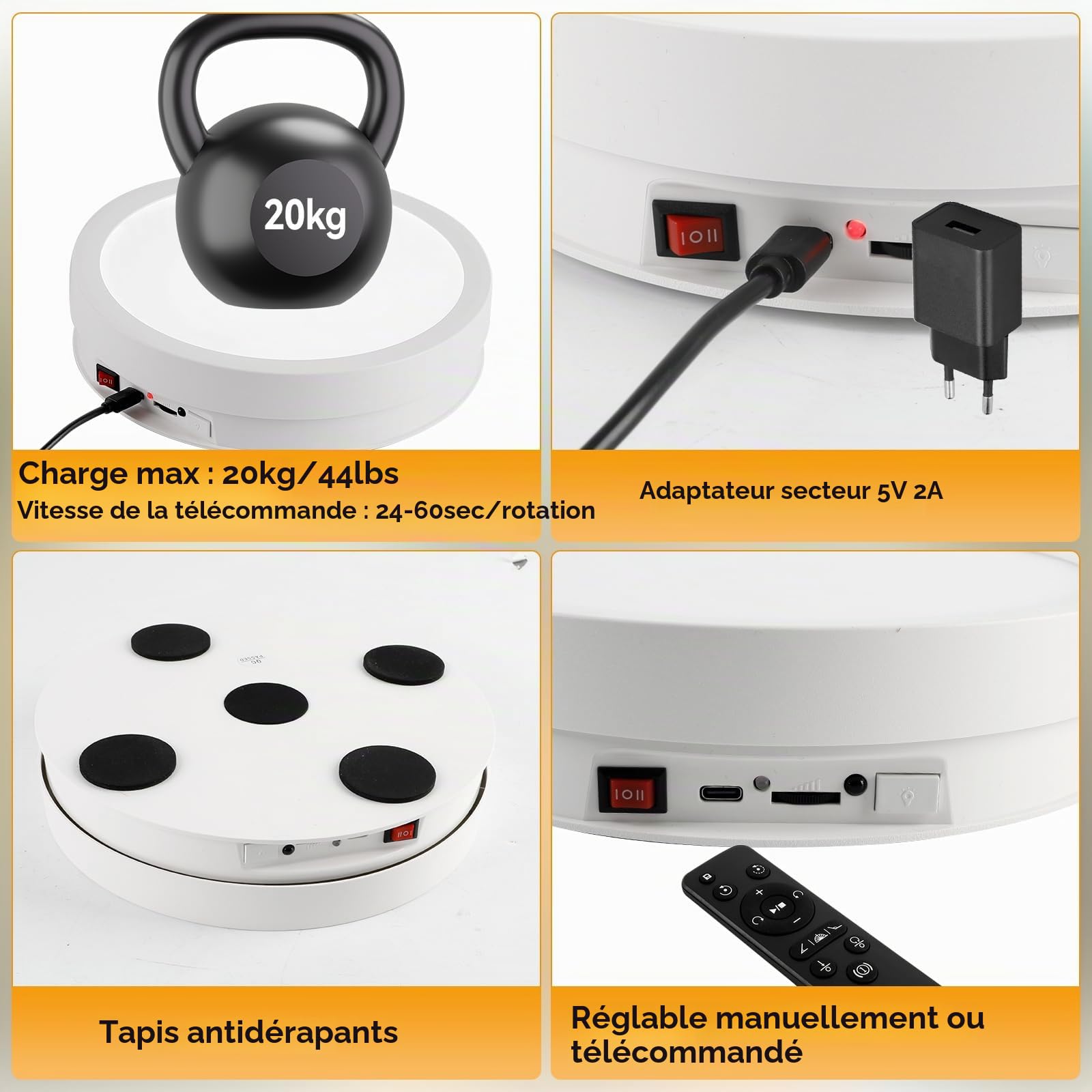 Plateau tournant électrique à 360° pour photographie, plateau tournant électrique avec télécommande et lumière LED 6 couleurs, charge de 20 kg, plateau tournant pour photo en verre et cristal (blanc)