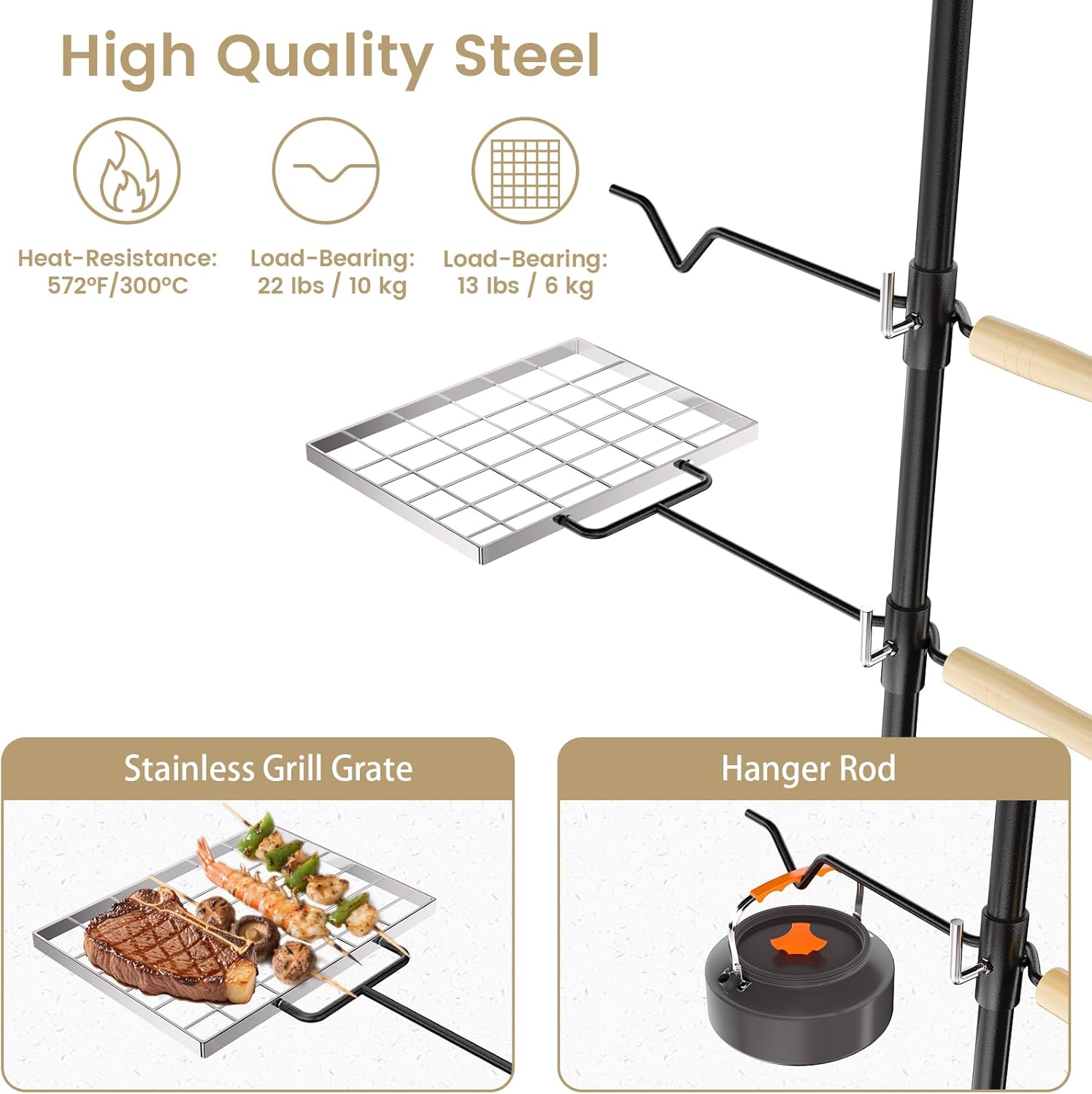 Campfire Grill Grate, Fire Pit Grill Grate with 360°Swivel Handle, Open Fire Cooking Equipment, Over Fire Camp Grill, Portable Camp Grill for Outdoor Camping BBQ, Stainless Steel Grate