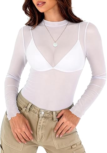 Elesomo Women Mesh Lace Top Short/Long Sleeve Sheer Shirt Summer Blouses