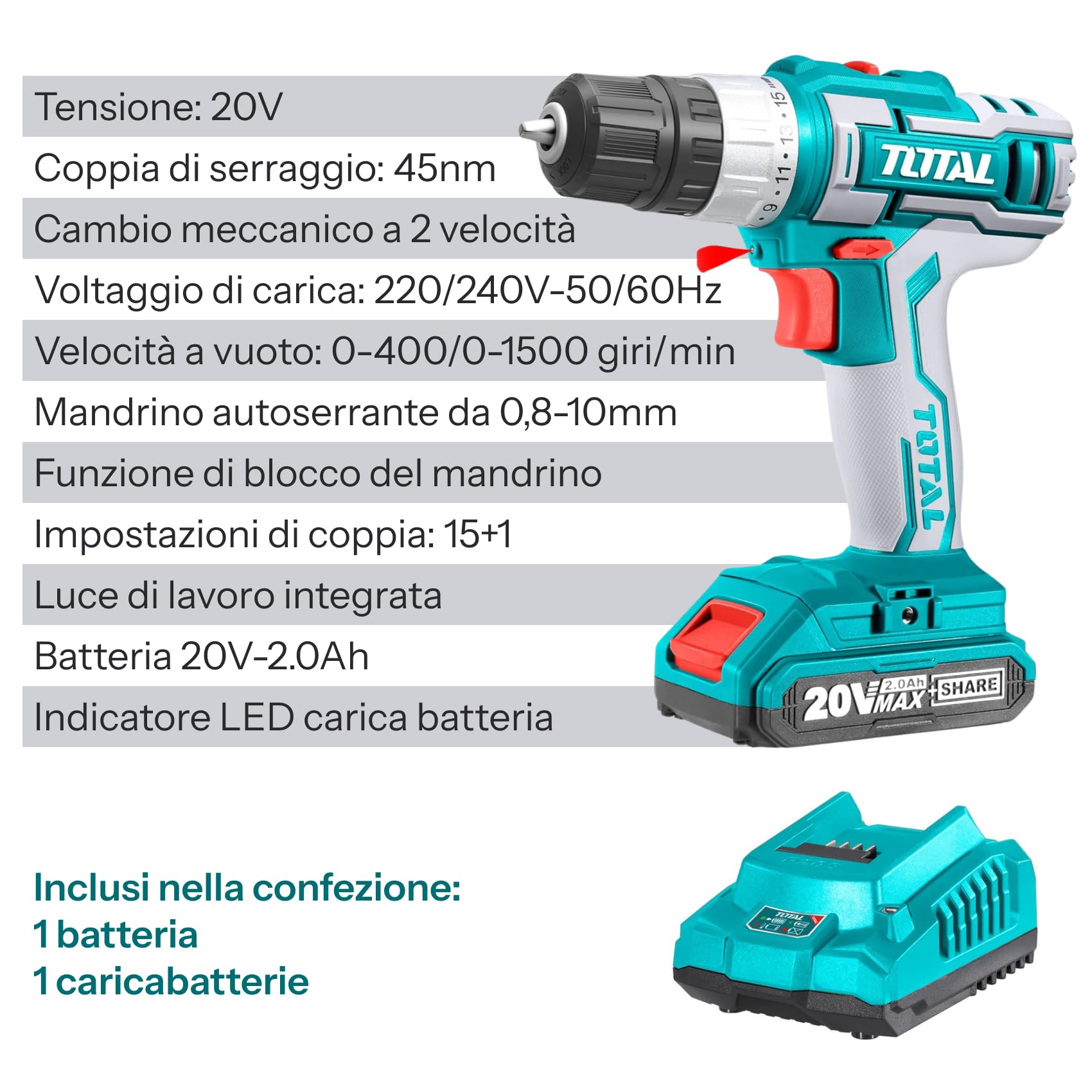 TOTAL - Trapano Avvitatore Batteria 20V, Trapano A Batteria 2Ah Con Caricabatterie, 45Nm Di Coppia 15+1 Impostazioni, 2 Velocità, 10mm Mandrino Autoserrante, Trapano Avvitatore Per Fai Da Te