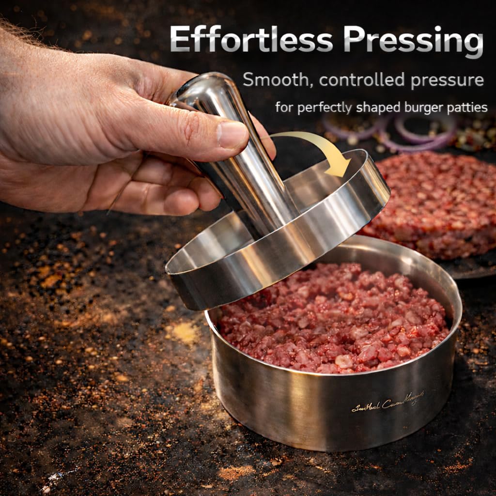 Stainless Steel Burger Press with Patty Ring – Multi-Purpose Meat & Veggie Patty Maker, Smash Burger Press, Food-Grade Stainless Steel, Dishwasher Safe, Gift Box Packaging