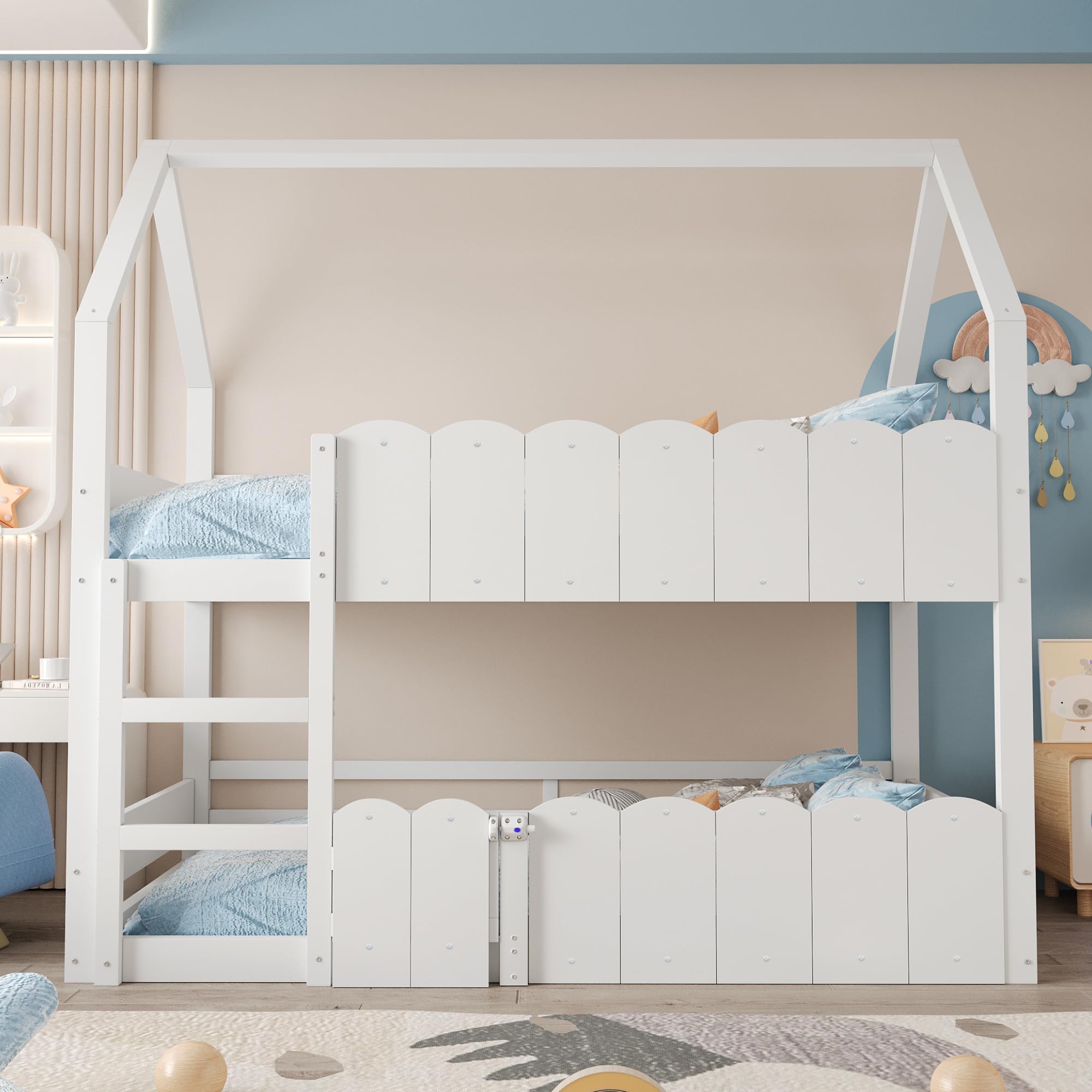 Kinder-Etagenbett 90 * 200 cm, Hausförmiges Design mit erhöhten Sicherheitsgeländern. Das Obere Bett verfügt über Einen Lattenrost. Geeignet für Jungen und Mädchen Weiß