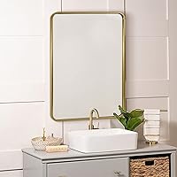 Vista 9 de ANDY STAR - Espejo de latón para baño, espejo rectangular redondeado de 22x30 pulgadas con marco de metal cepillado dorado, espejo de tocador