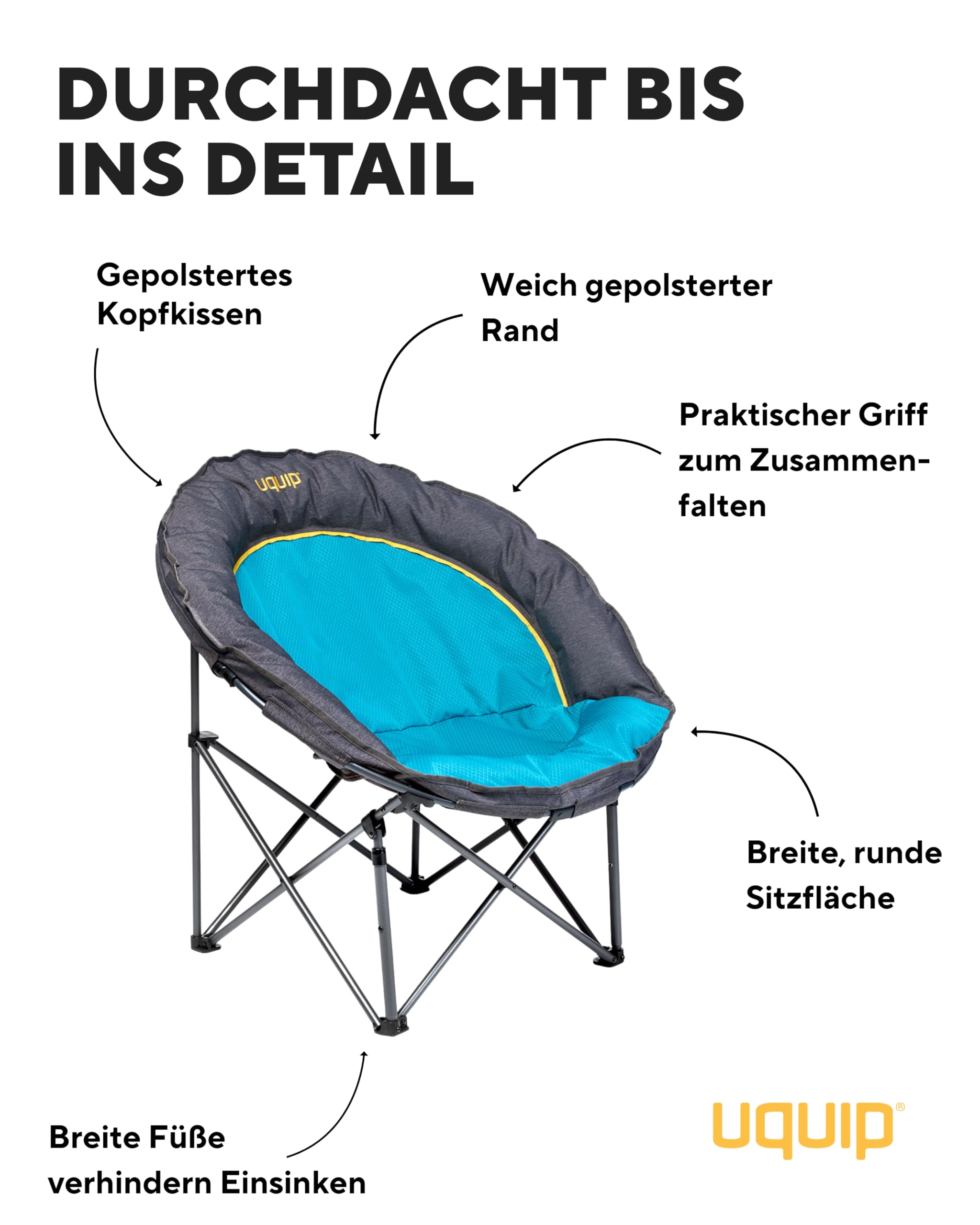 Uquip Cody Faltstuhl I Komfortabler Camping‑ & Outdoor‑Stuhl I Breite Sitzfläche & gepolsterter Rand I Robustes Stahlgestänge & Rip‑Stop Polyester I Breite Füße für sicheren Stand