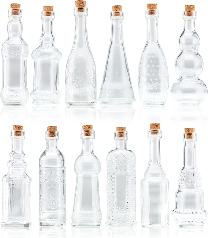 BULK PARADISE Mini botellas pequeñas de vidrio transparente vintage con corchos, mini jarrones, decorativas, poción, diseño variado, juego de 12 piezas, 4,6 pulgadas de alto (11,43 cm), 1,4 pulgadas de ancho (3,56 cm)