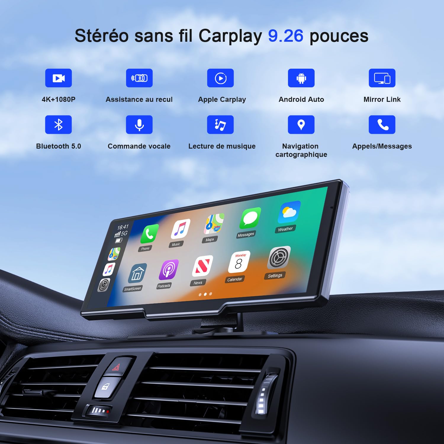 Avylet 9,26'' Carplay Voiture Apple CarPlay & Android Auto, dashcam Avant 4K + caméra de recul HD, 60FPS, Mise à Jour OTA, GPS, Commande vocale, Mirror Link, Bluetooth 5.2, AUX, FM，avec 64Go Carte