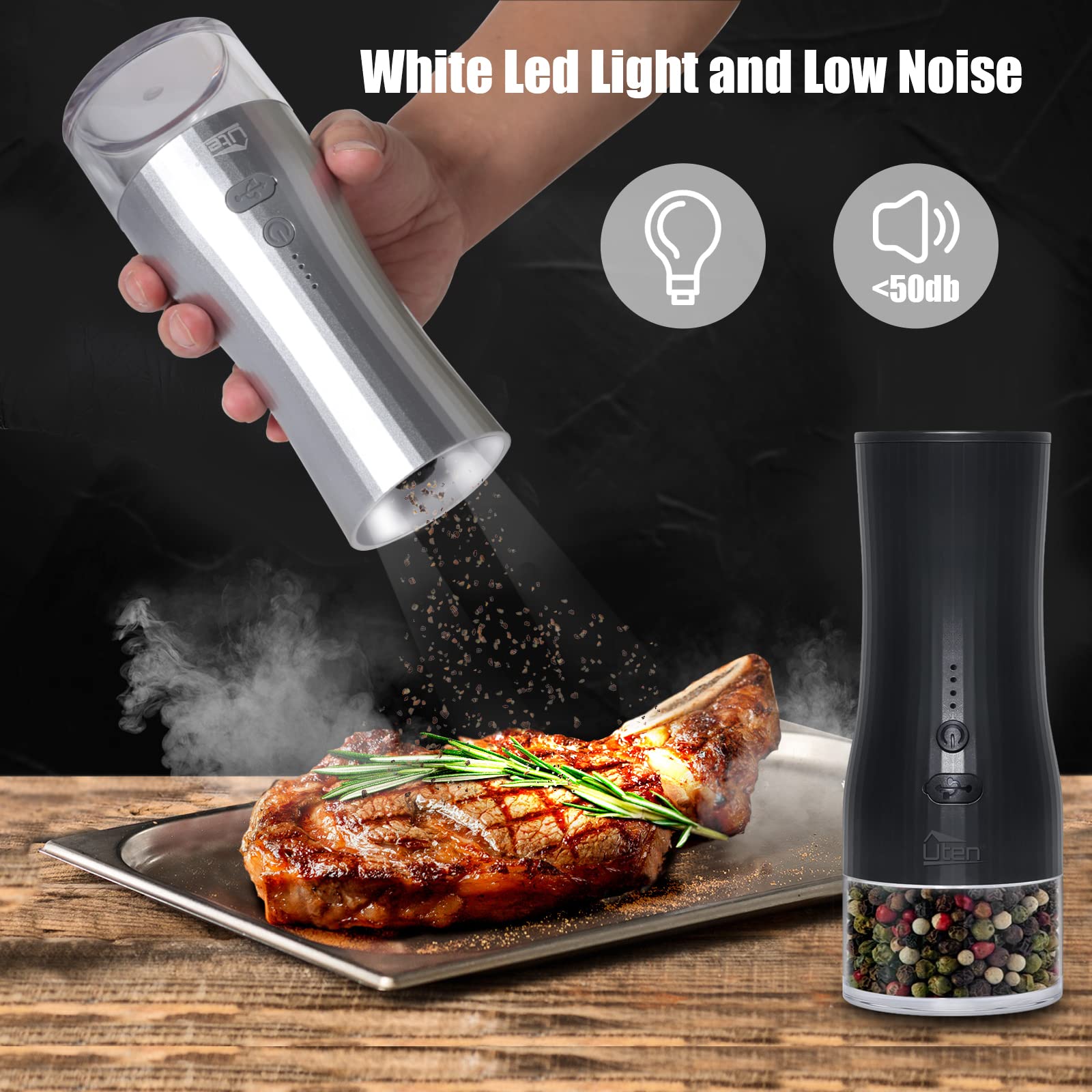 Set Di Macinini Elettrici Per Sale E Pepe Con Luce LED, Ricaricabili USB-C, Macinacondimenti In Ceramica Regolabili, Capacità 120 Ml, 2 Pezzi, Nero