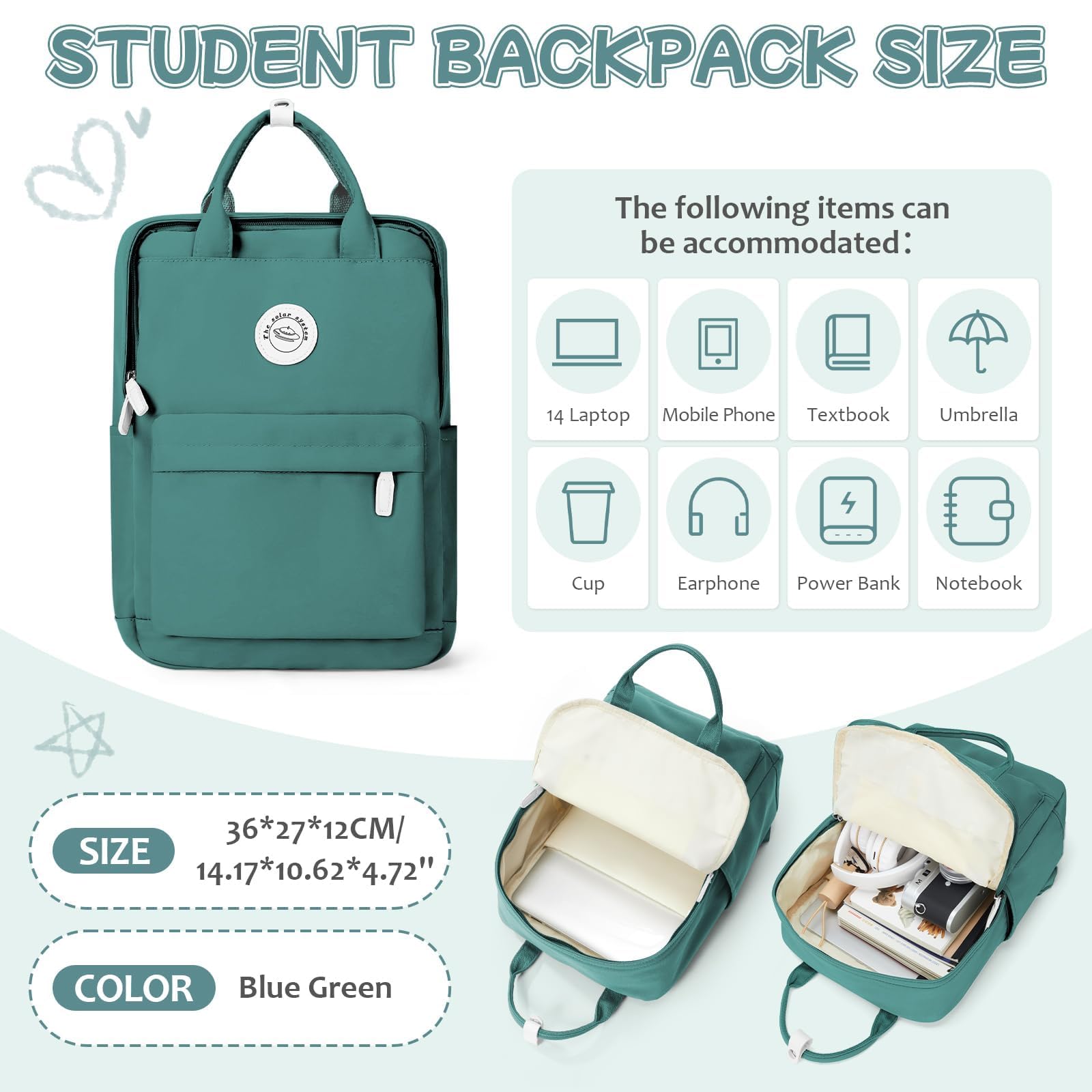 HYC00 Zaino Donna Scuola,Zaino Donna Casual Zaino Scuola Superiore Ragazza Zaino Università Zainetto Cartella, Impermeabile Zaino Porta PC 14 Pollici Zaino per Scuola Media Ragazza Ragazzi Backpack