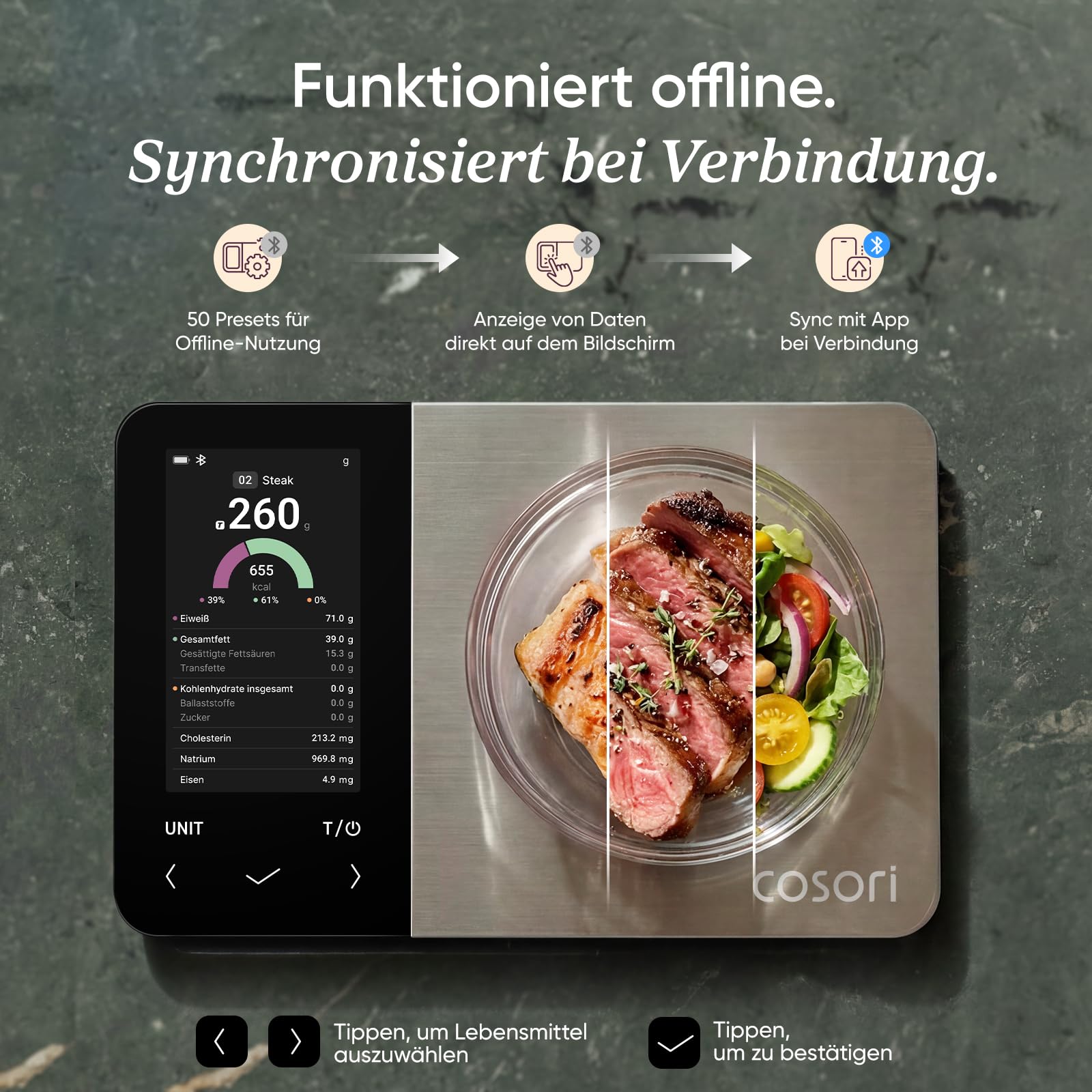 Cosori Küchenwaage digital Ernährungswaage-App,Offline-Modus,USB aufladbar