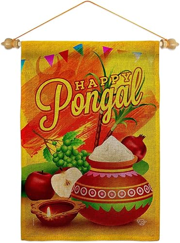 Tapiz de pared Happy Pongal para decoración del hogar pancarta de arpillera patio porche césped jardín bandera decoración de habitación interior y