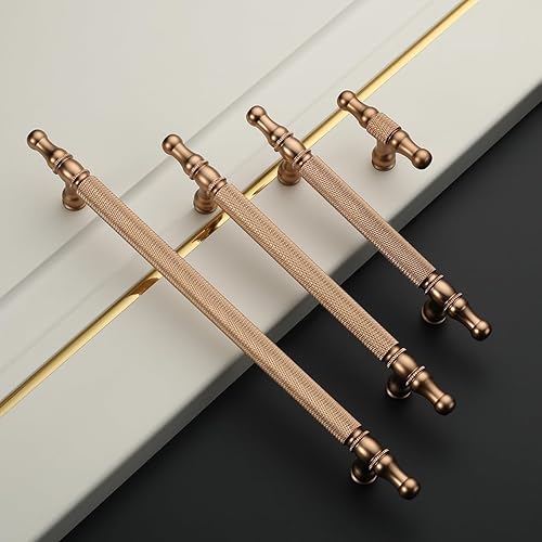 Miniatura 5 de Asidrama Paquete de 10 manijas de gabinete de cocina de bronce champán moleteado de 5 pulgadas (5.039 in), tiradores dorados para gabinetes de