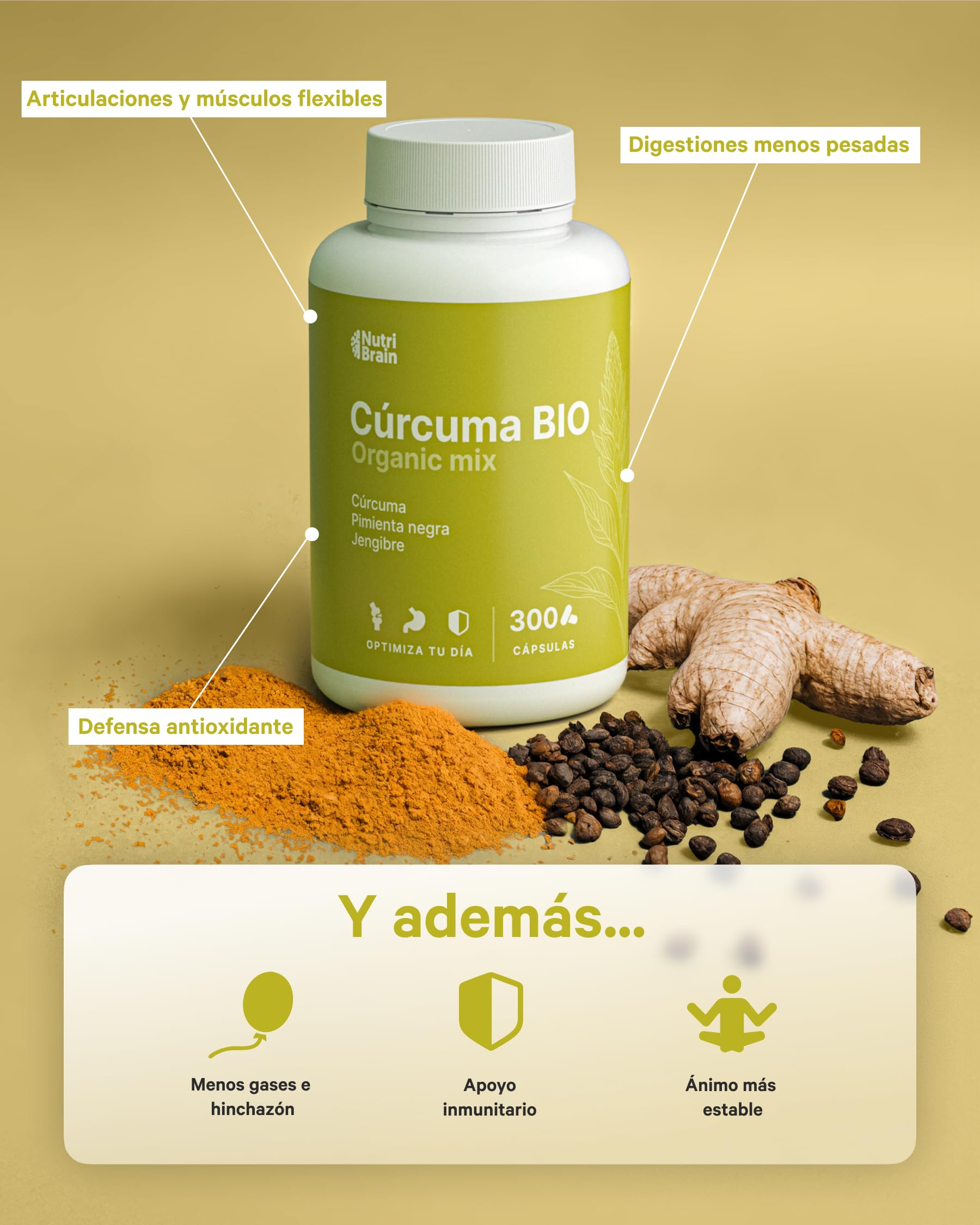 Cúrcuma con Pimienta Negra y Jengibre BIO | 300 Cápsulas | Fórmula Ecológica y Vegana | 1400 mg | Curcumina + Piperina con Alta Absorción | Formato XXL | Antiinflamatorio, Articulaciones y Digestión