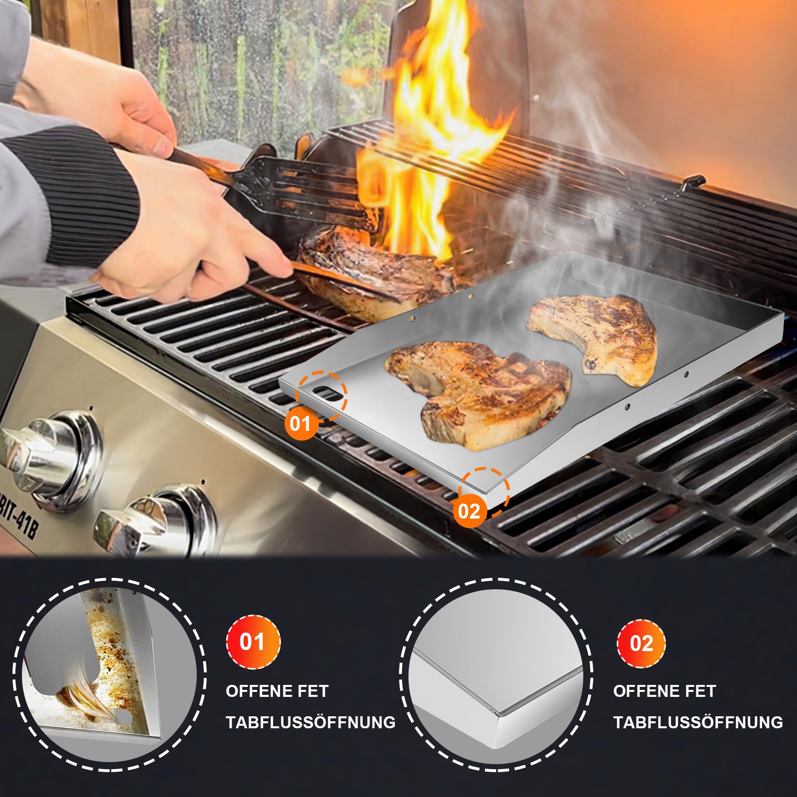 Plancha Grillplatte, Premium Plancha Set, 4 mm Edelstahl Plancha Grill Platte 40 x 30 cm für BBQ Gasgrill & Kohlegrill geeignet mit abnehmbarem Griff, Fettablauf, 3 Grillspatel-Set und 2 Ölpots