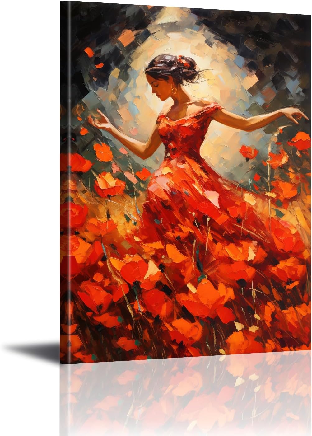 Girl Flower Wall Art Canvas Red Dress Woman Dance Prints Abstract Flower Field Painting Poster Elegant Woman Picture Oil Texture Style Artwork for Bedroom Living Room Home Decor(Por-02,16"x24")
