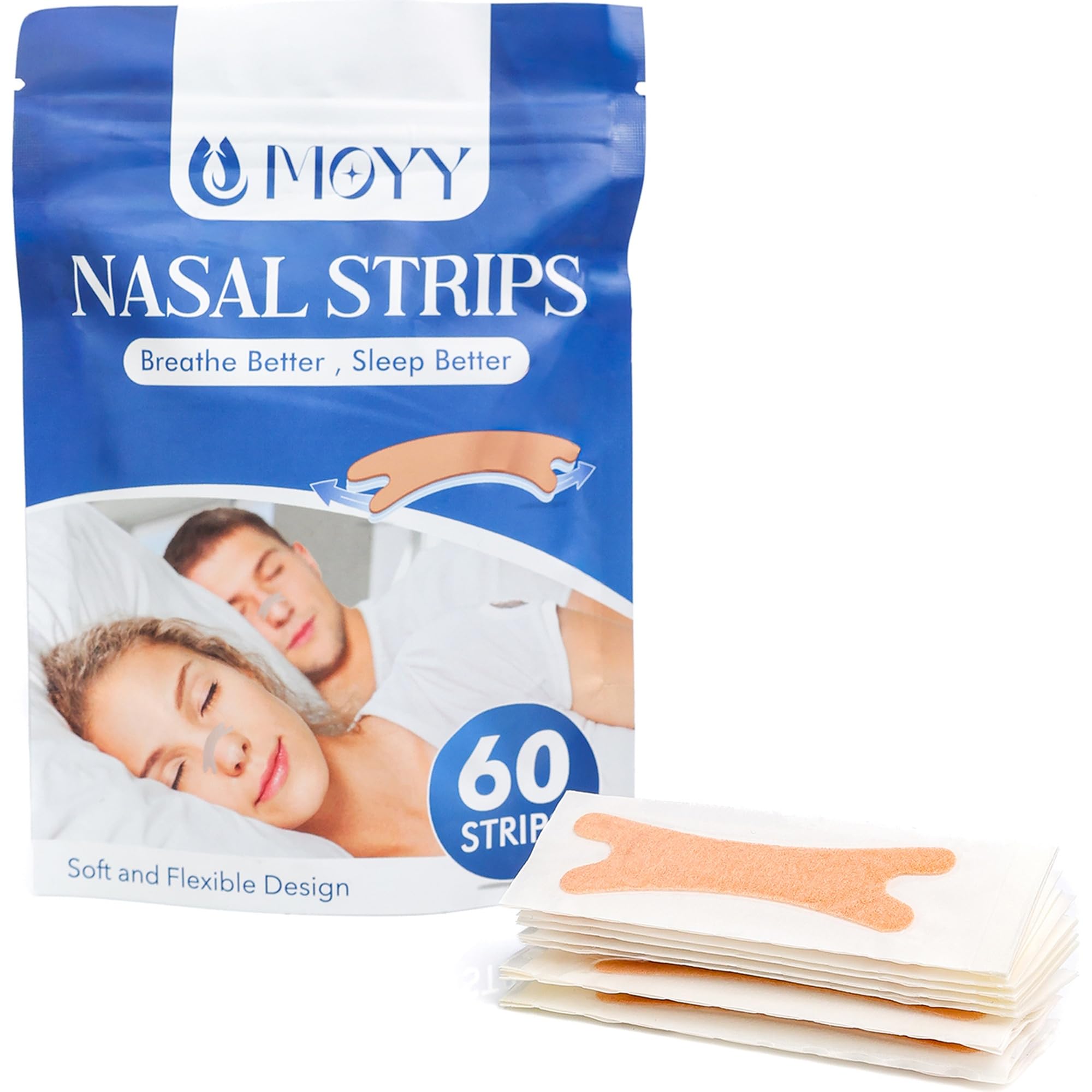 MOYY Nasal Strips - 60 Count Extra Strong Adhesive Hypoallergenic Comfortable Fit for Snoring Sleep Cold Relief Exercise