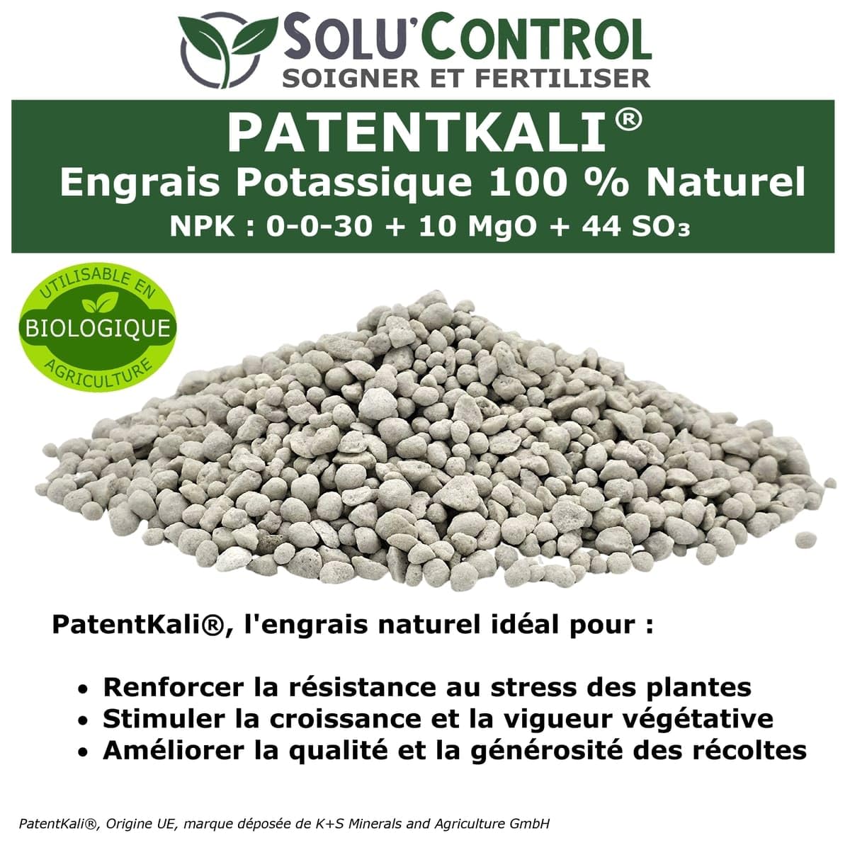 4 kg de PatentKali® SOLU’CONTROL – Engrais Potassique 100% Naturel – NPK 0-0-30 + Magnésium (MgO 10%) et Soufre (SO₃ 44%) – Plantes, Potager, Fruits, Fleurs – Utilisable en Agriculture Biologique
