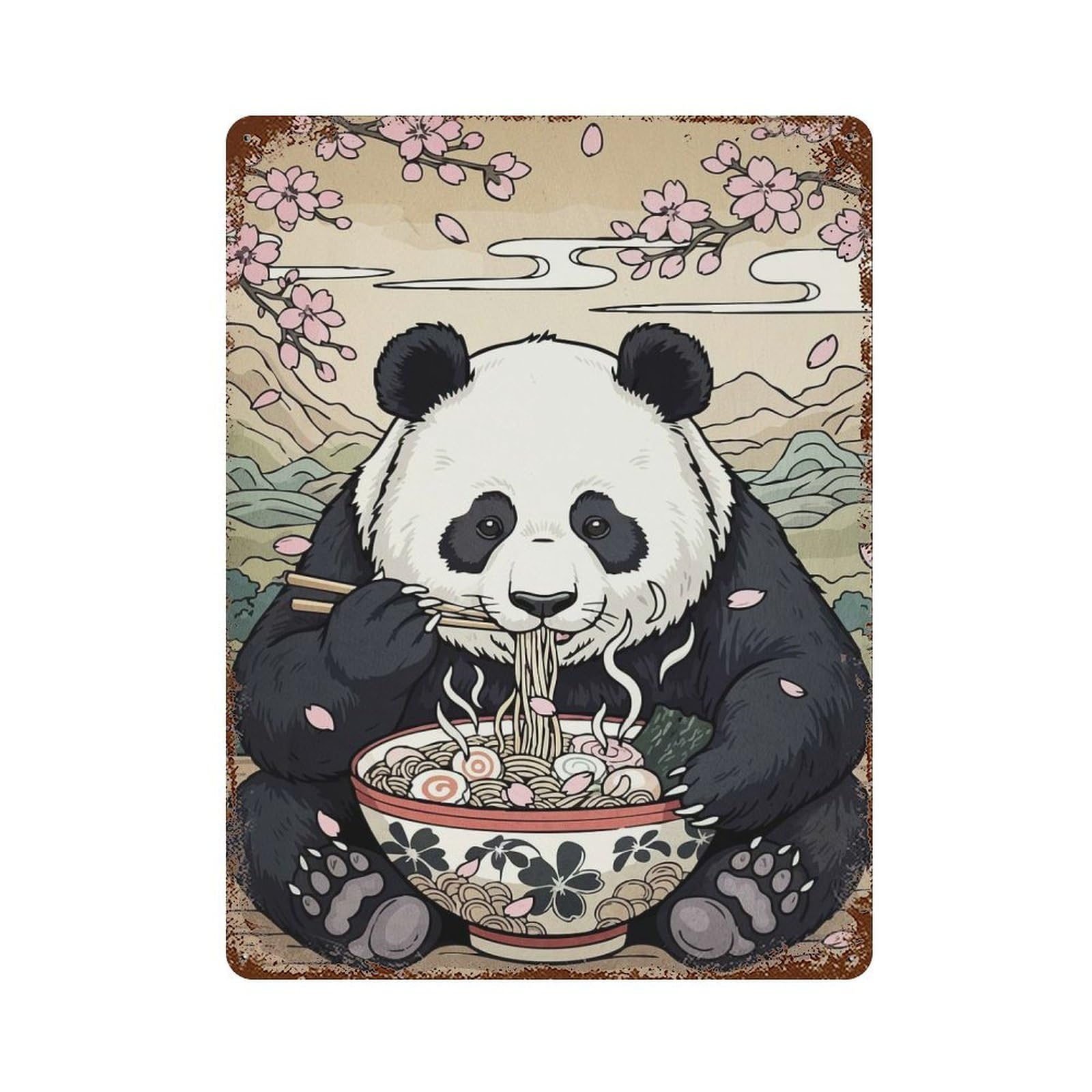 Panda Ramen Cherry Blossoms 15.7"x11.8" Vintage Rust Metal Sign, Decorative Metal Wall Art for Living Room, Hallway And Home Decor