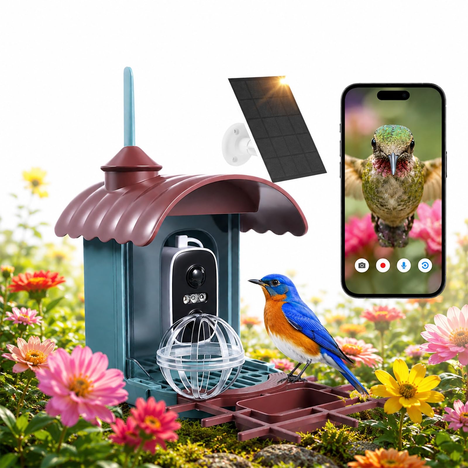 Comedero inteligente para pájaros con cámara, reconocimiento de IA, gran angular de 130°, alimentado por energía solar y USB, impermeable IP65, detección de movimiento, visión nocturna, audio