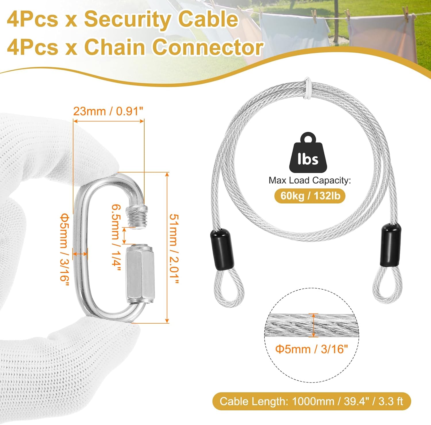 PATIKIL Security Cable Lock (3/16" Dia 3.3ft, Clear)(4 Set) Vinyl Coated 304 Stainless Steel Double Loop Flexible Wire Rope Safety Cable with Quick Links Locking Connectors