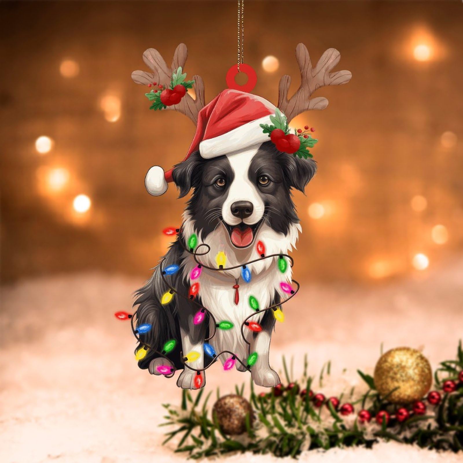 Swavecat Border Collie Ornament Flat Printed 2D Acrylic Ornament Dog Lanterns Christmas Antlers Christmas Tree Ornaments 2 Sided Printing Acrylic Ornament Xmas Keepsake 3In