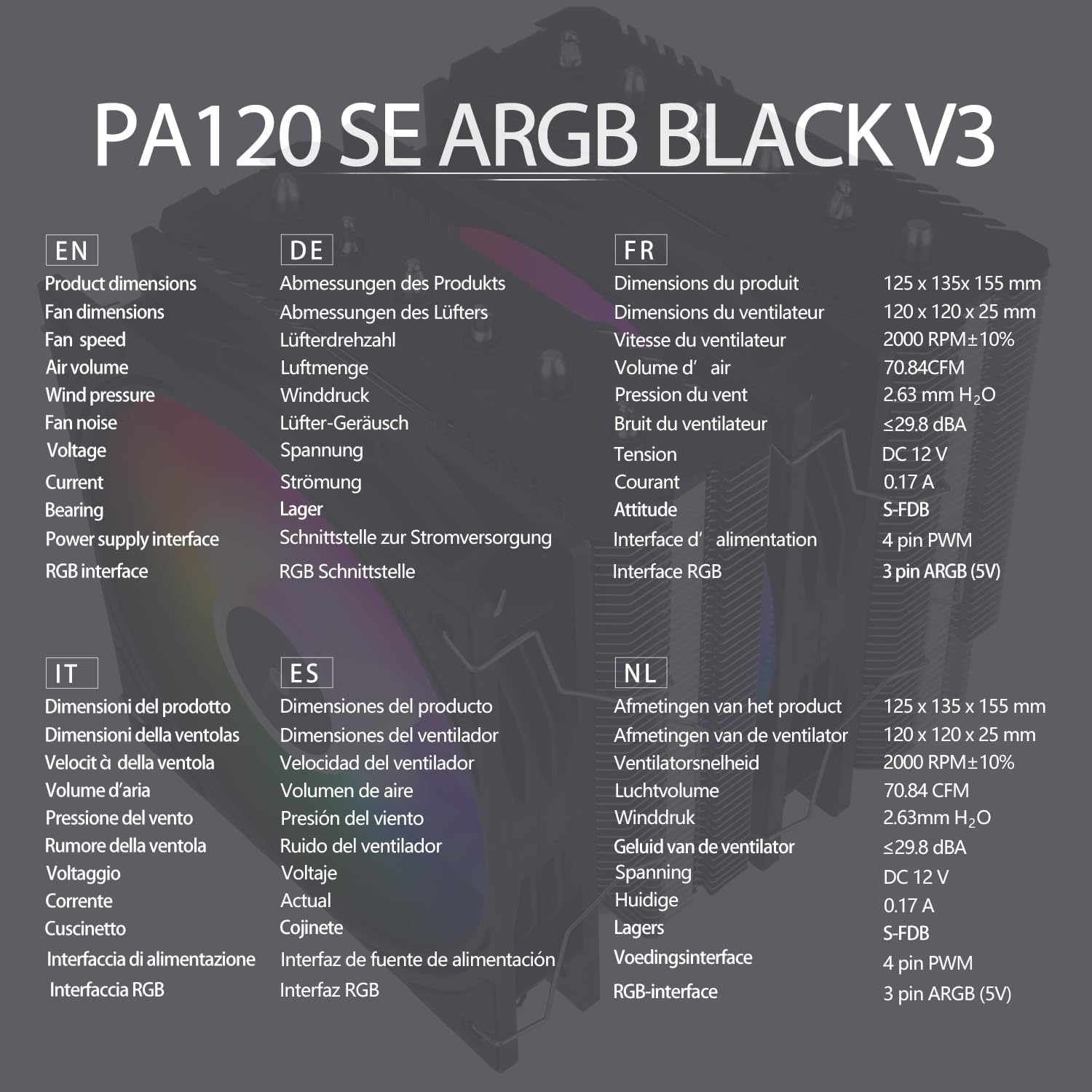 TR-Thermalright Peerless Assassin 120 ARGB Black V3,Enfriador para CPU, Doble torre con 6 tubos de calor,Doble ventilador PWM de 120 mm a 2000 RPM,Para AM5/AM4, Intel LGA1851/1700/1150/1151/1200
