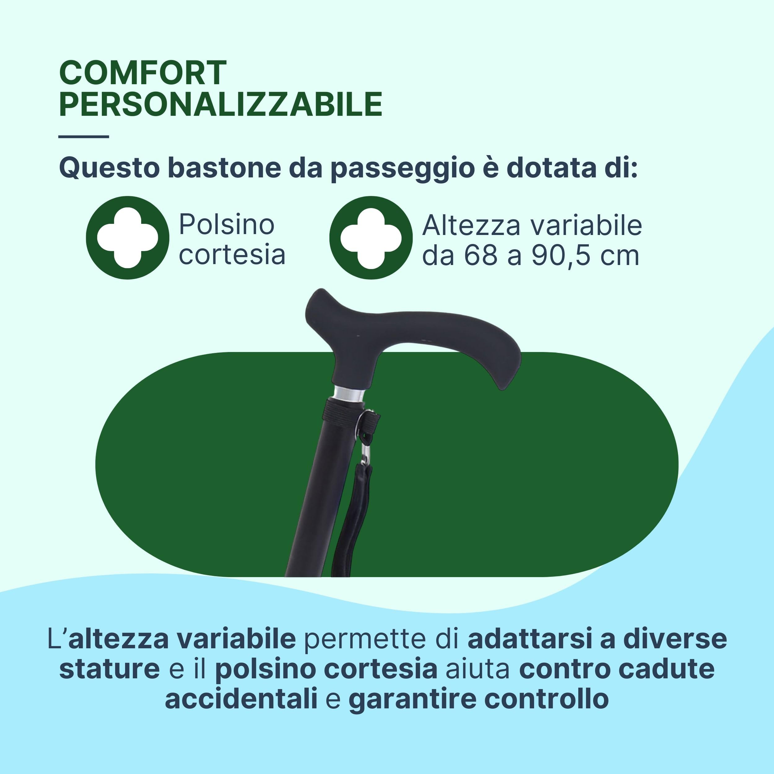 Bastone per Anziani in Alluminio con Manico Derby in ABS-TPR, Bastone da Passeggio Leggero Regolabile H. 68-90,5cm, Portata 100kg