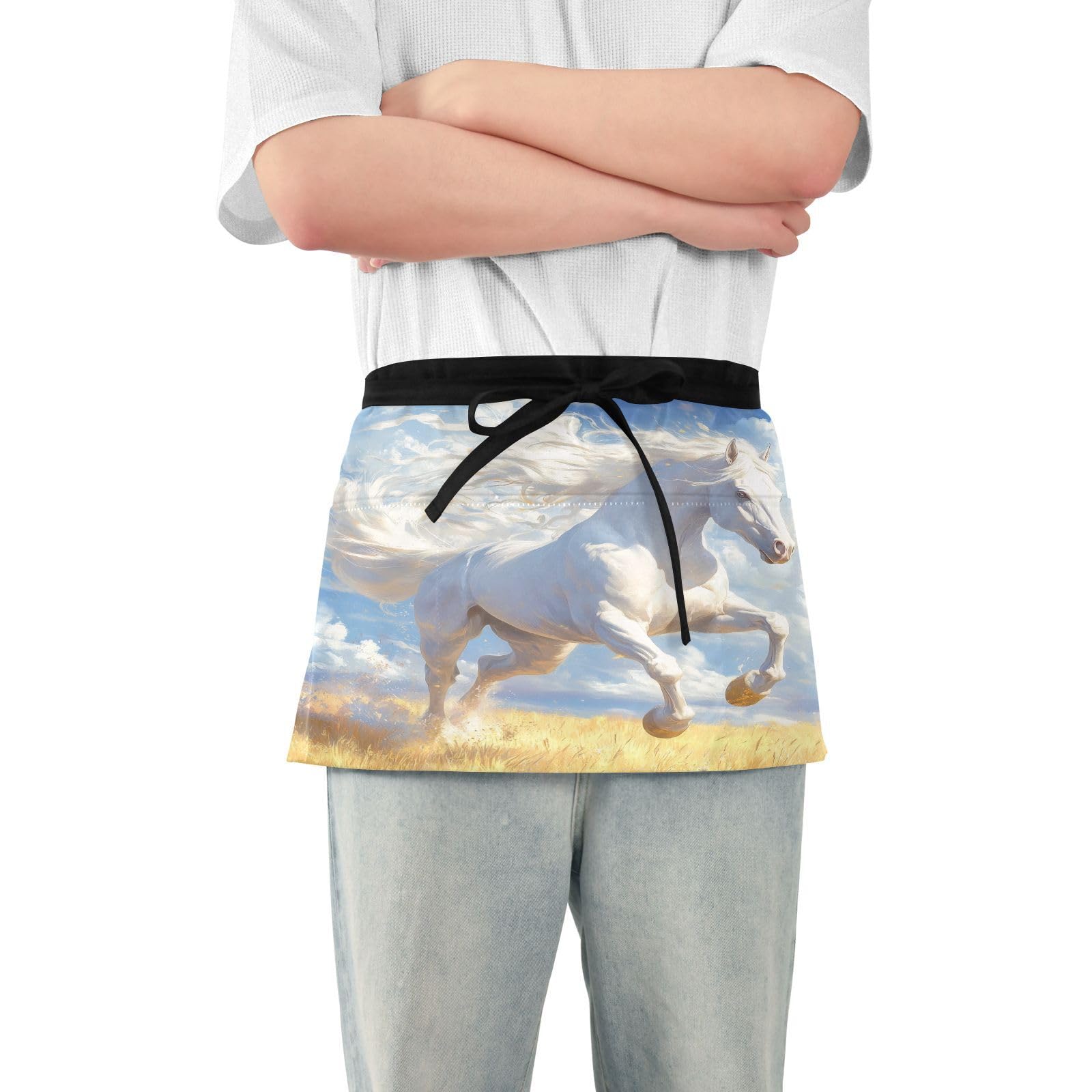Kigai White Horse Server Aprons for Men Women Water & Oil Resistant Waitress Waiter Waist Apron with 3 Pockets