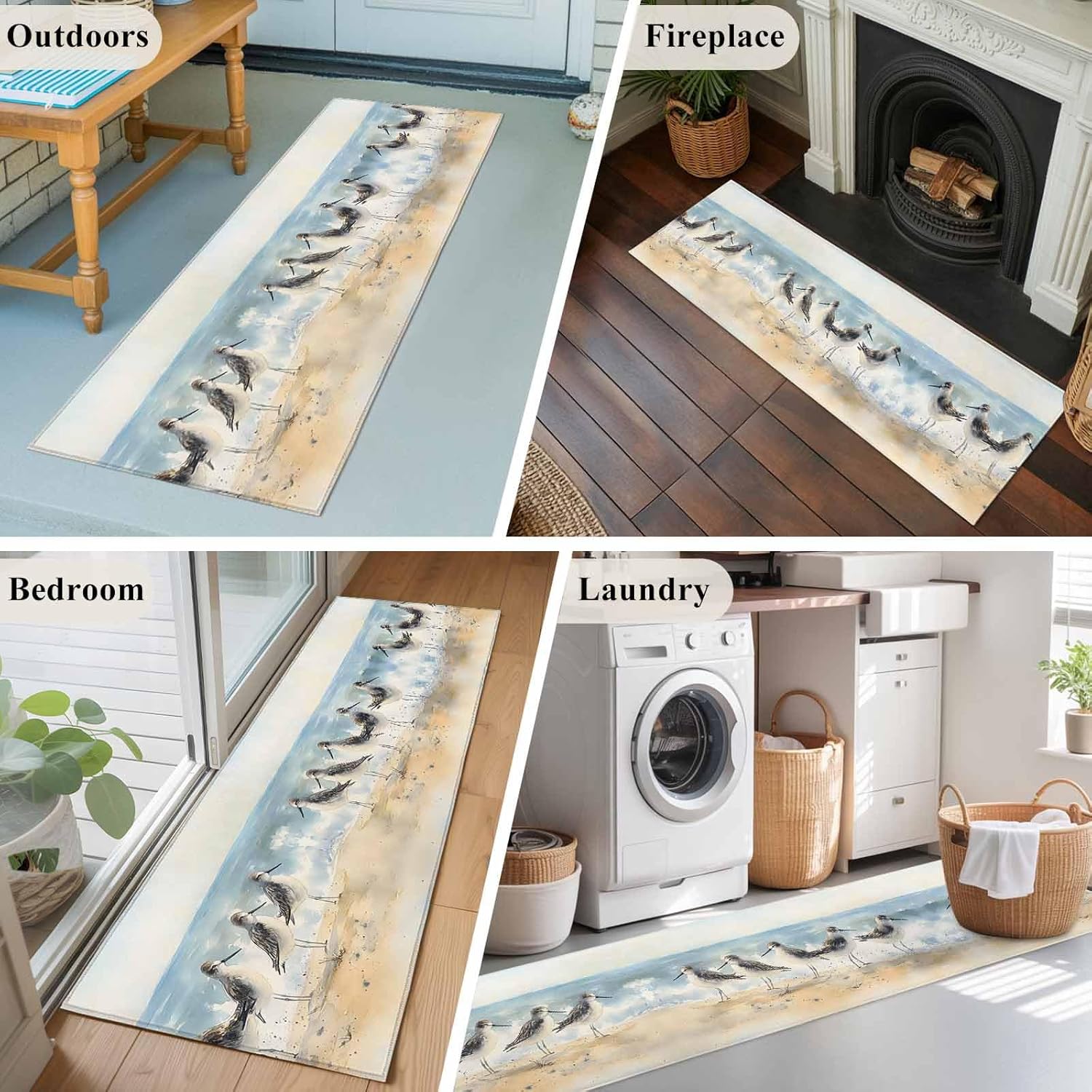 Coastal Seagull Runner Rug 2x6 Washable Kitchen Rug Non-Slip Lightweight Thin Soft Low Pile Bathroom Runner Blue Ocean Summer Birds Oil Painted Carpet for Hallway Laundry Room Bedroom Entryway