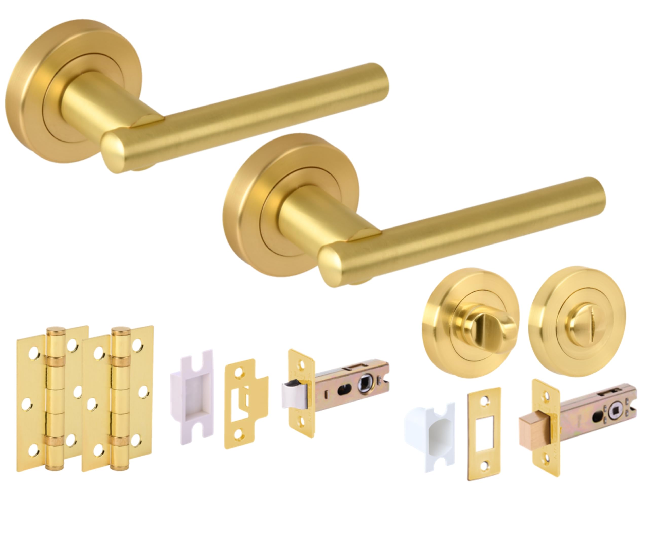Hunta HANDLEZONE® Solus Door Handles on Rose Bathroom Deadbolt Pack with Ball Bearing Hinges - Brushed Brass — image 1