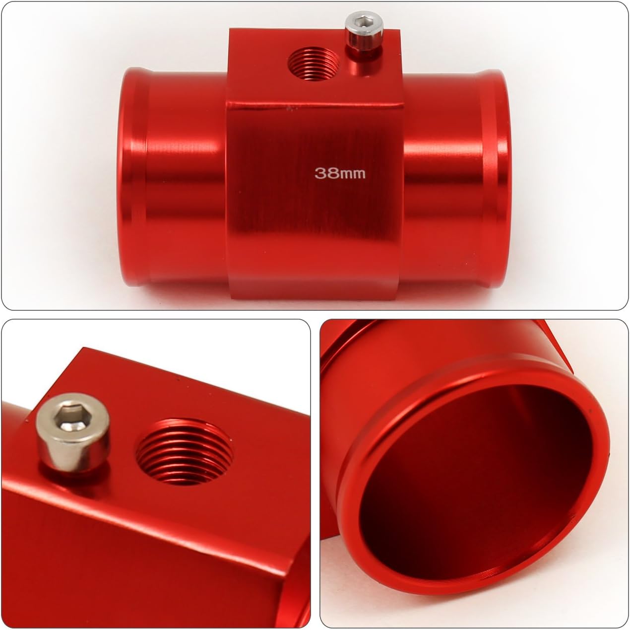 AJP Distributors 38mm / 1.5" Inch OD Radiator Hose Car Engine Oil Water Coolant Temperature 1/8 NPT Temp Sender Meter Unit Gauge Sensor Adapter Breather Tank Joint Pipe Attachment Adaptor Red + Clamps