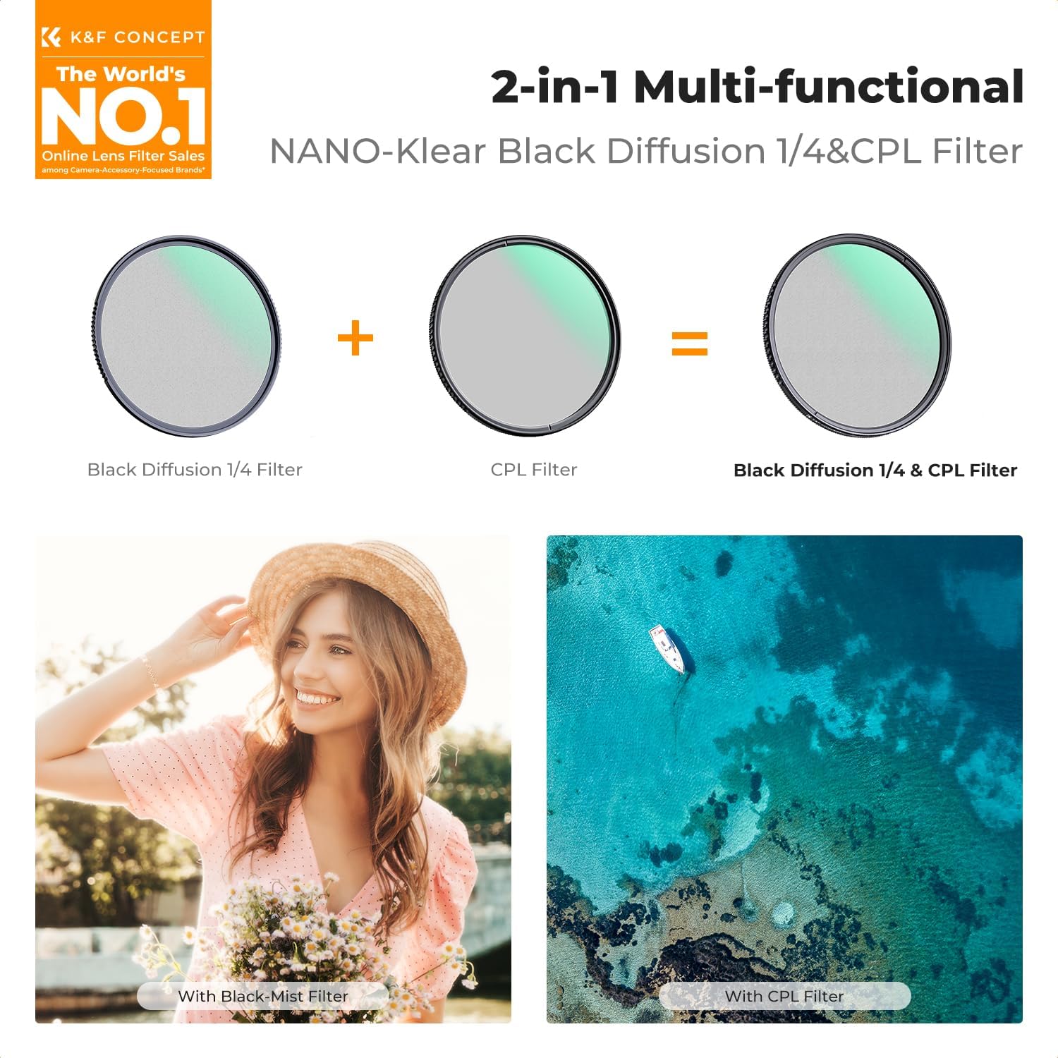 K&F CONCEPT 77mm Black Diffusion 1/4 & Circular Polarizing in-1 Filter Pro Mist Cinematic Polarizer Effect Filter with 18-Layer Coating for Camera Lenses (K-Series)