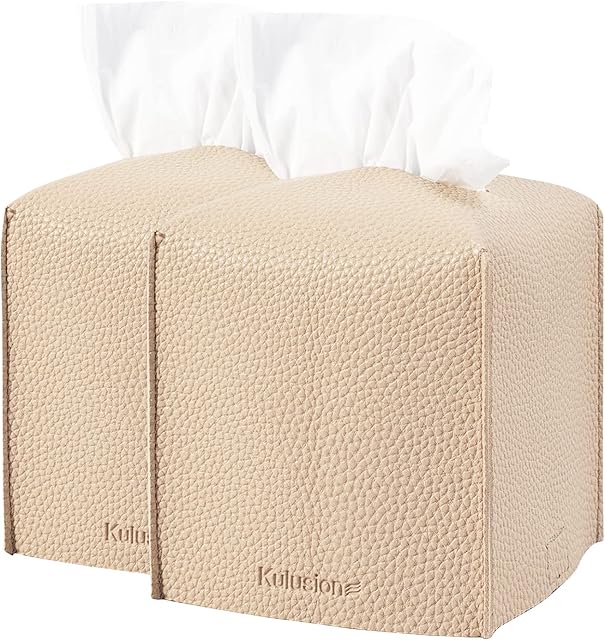 2Pcs Tissue Box Cover, Square Modern PU Leather Tissue Box Holder, Decorative Holder Organizer for Bathroom Vanity Countertop, Car, Night Stands, Office 5"X5"X5"(Beige Yellow)