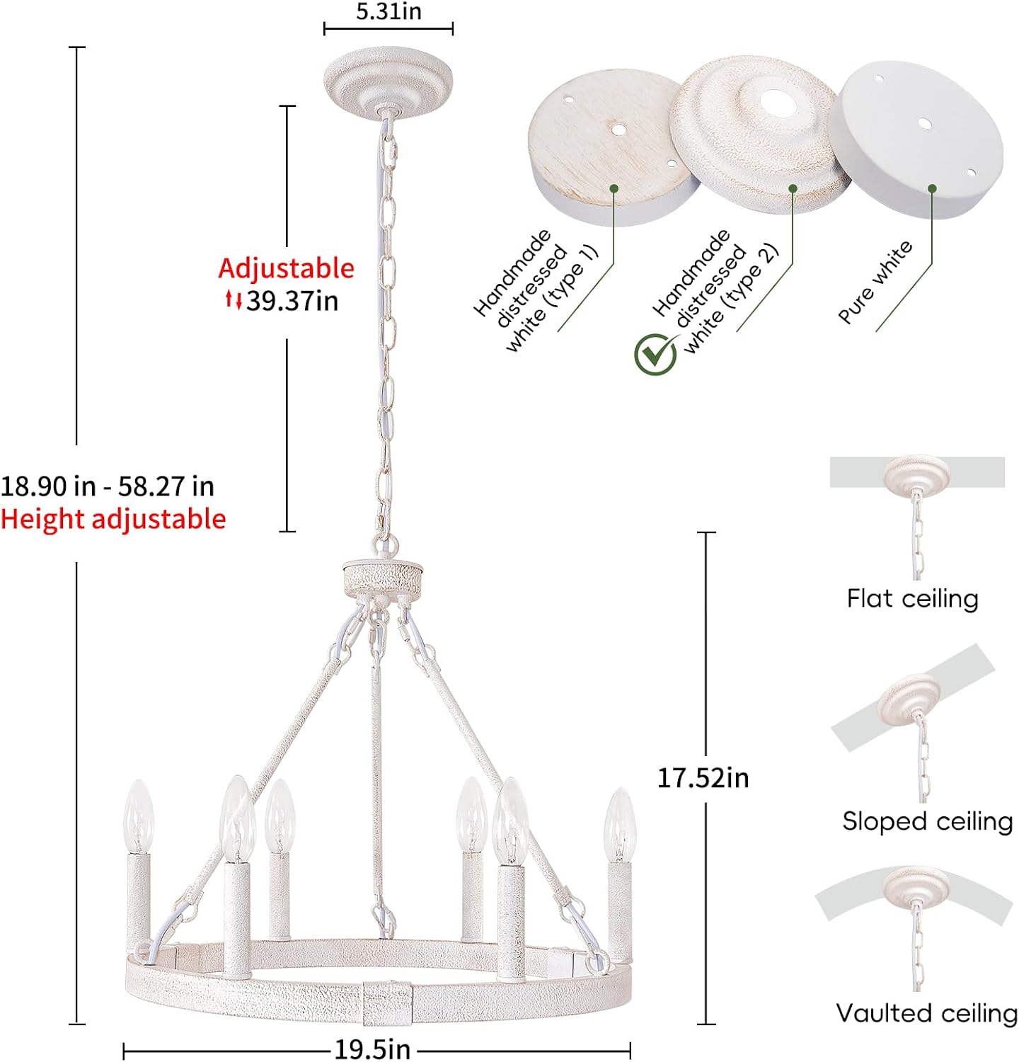 White Wagon Wheel Chandelier 19.5 inch, 6-Light Farmhouse Wagon Wheel Chandeliers Round Industrial Pendant Light for Outdoor Porch Living Dining Room Foyer Entryway