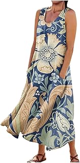 Sleeveless Dresses for Womens 2025 Beach Cotton Linen Floral Printed Dresses with Pockets Casual Flowy Long Dress