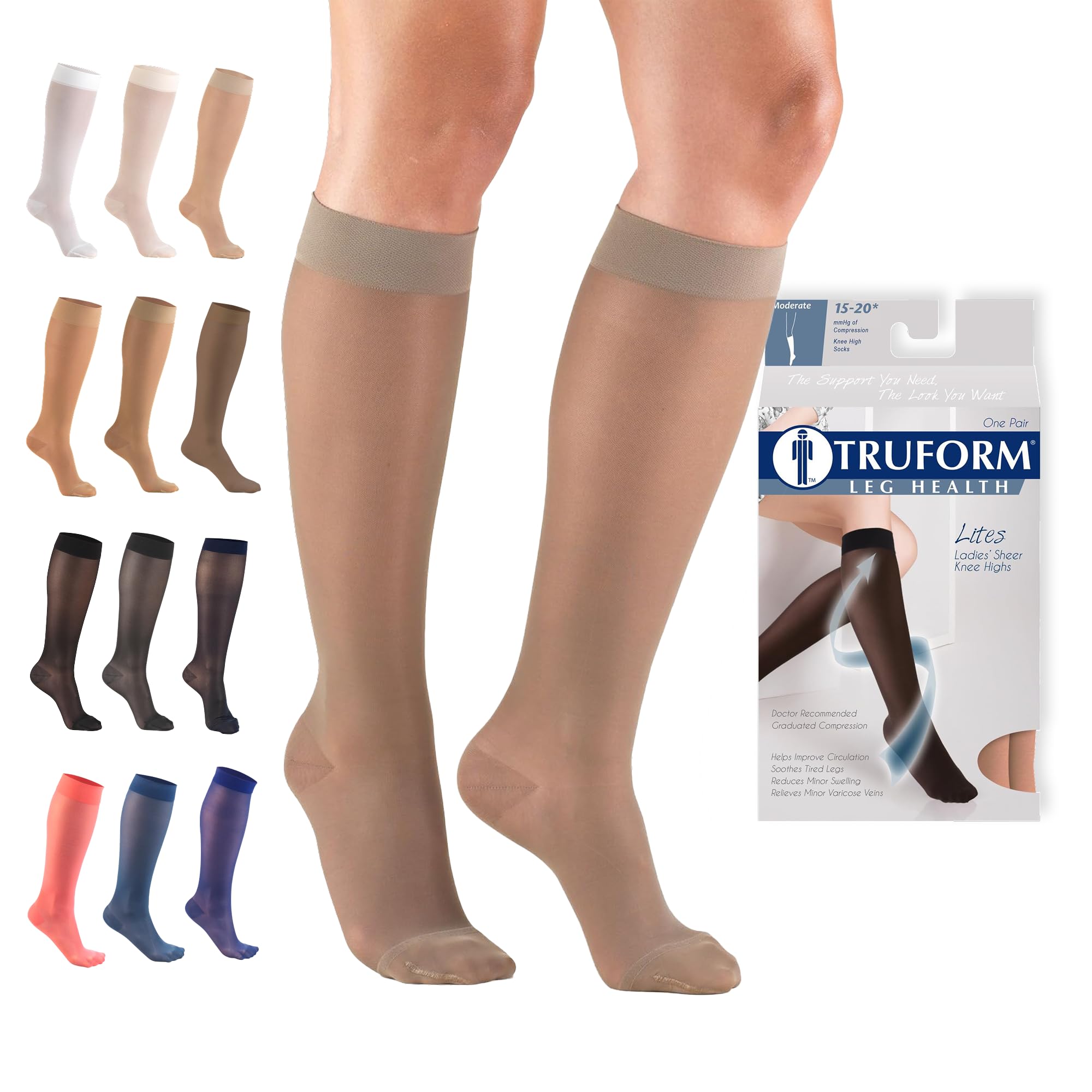 Truform Sheer Compression Stockings, 15-20 mmHg, Women's Knee High Length, 20 Denier, Taupe, X-Large