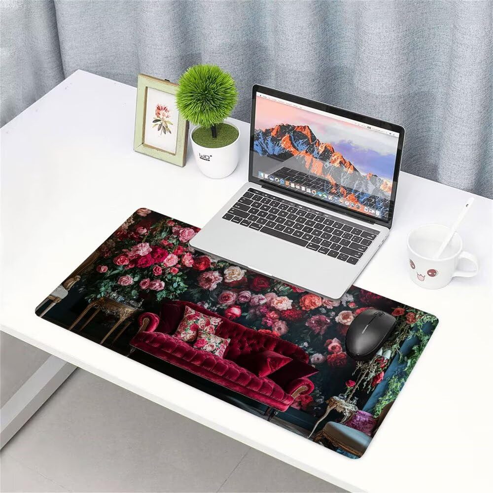 Czerwona podkładka pod mysz XXL akcesoria do gier podkładka na biurko duża podkładka pod mysz i klawiaturę kwiat akcesoria PC 1400 x 600 x 3 mm mata biurkowa biurkowa, z wodoodporną i antypoślizgową